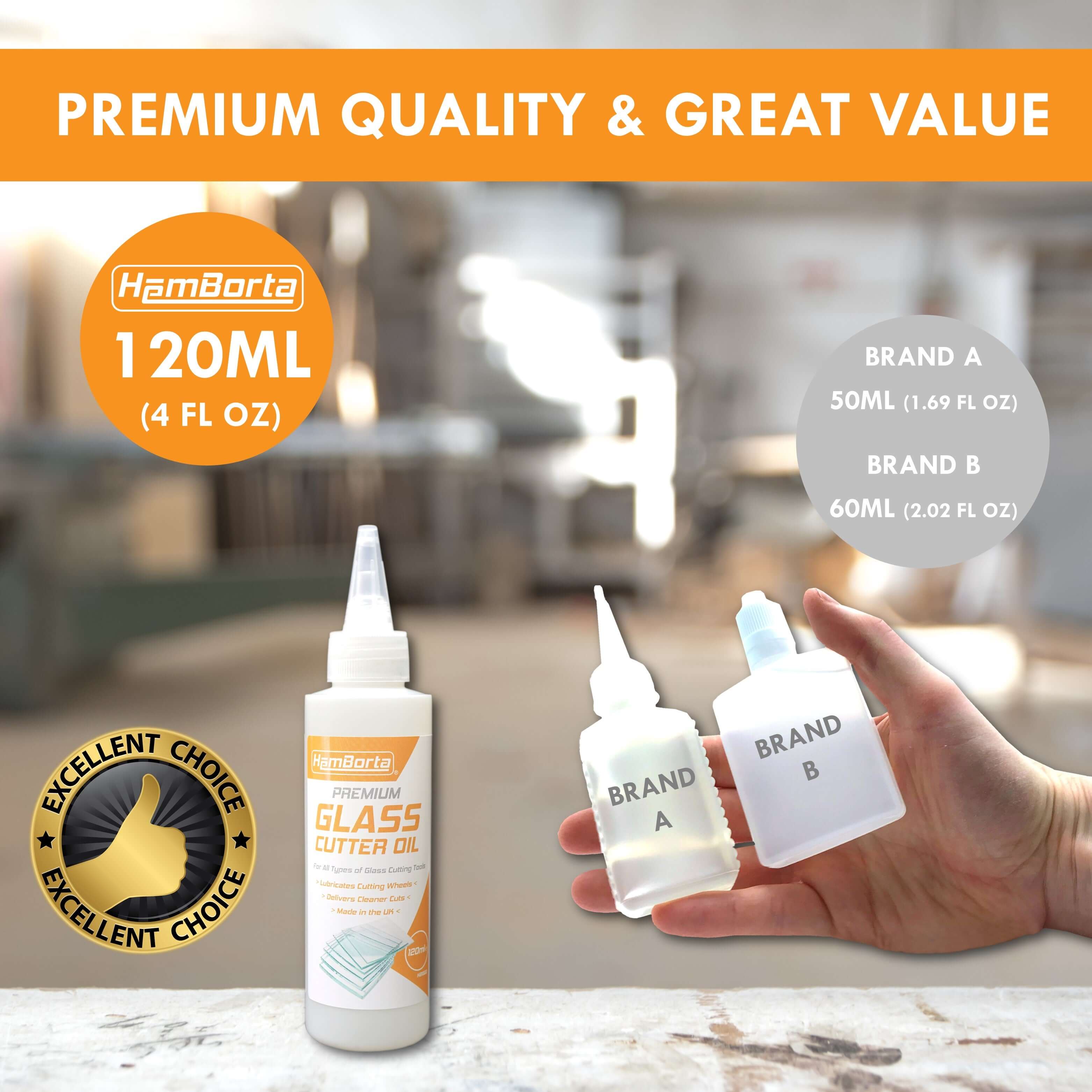 HemBorta Glass Cutter Oil 120ml with comparison to other brands, highlighting premium quality and great value.