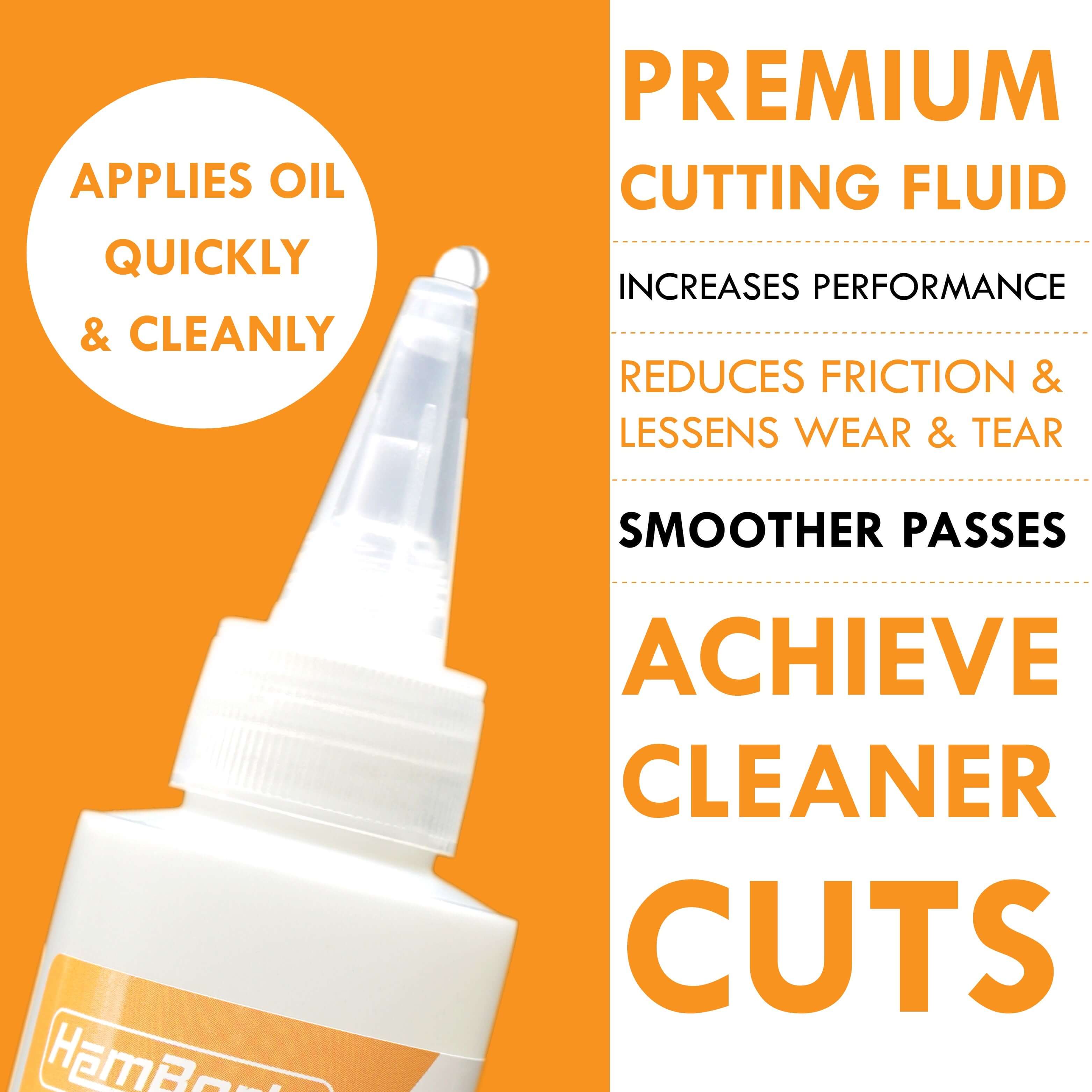 HemBorta glass cutting oil bottle with labels highlighting premium fluid for cleaner cuts and reduced friction.