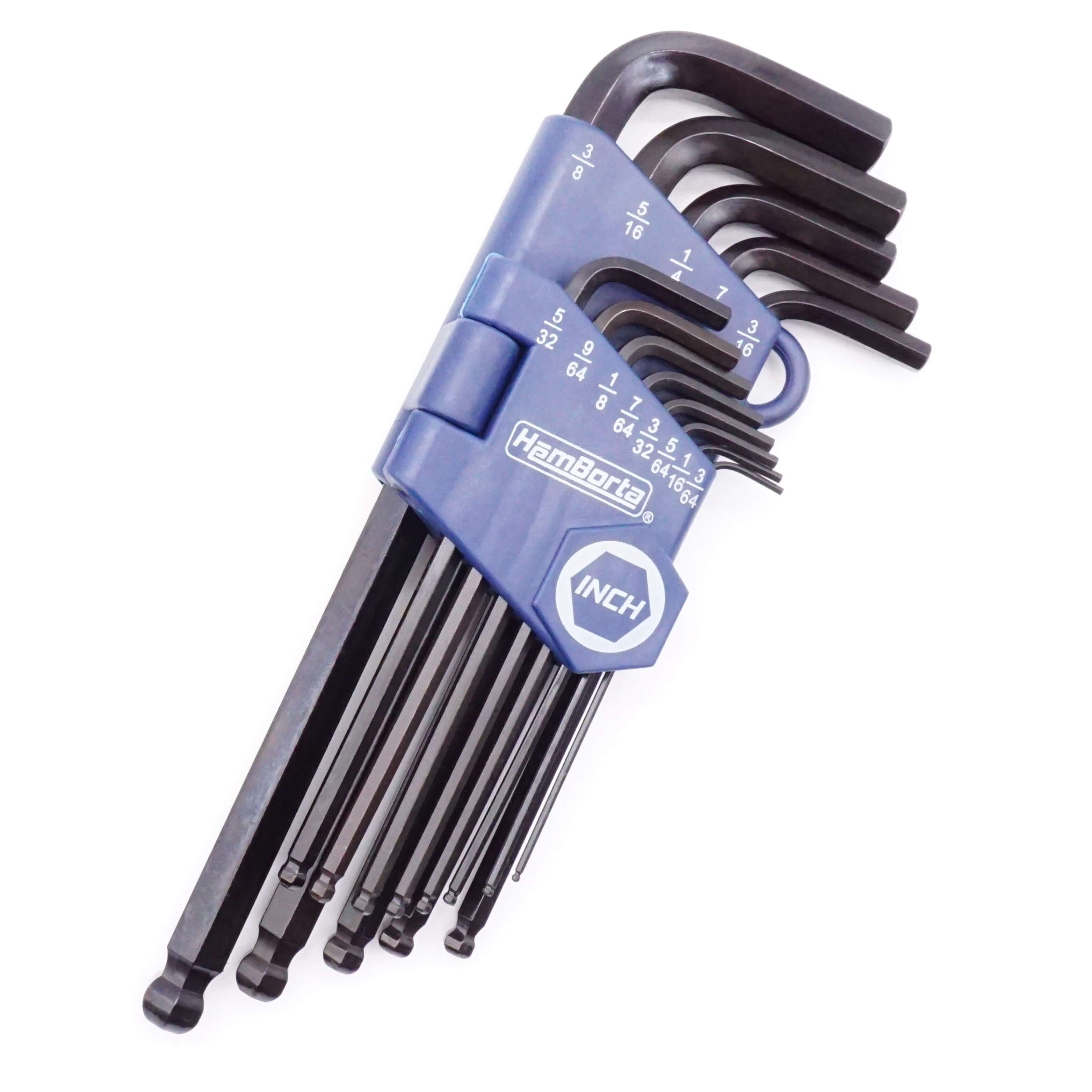 HemBorta 13pc imperial allen key set featuring long ball end hex keys in sizes 3/64 to 3/8 inch.