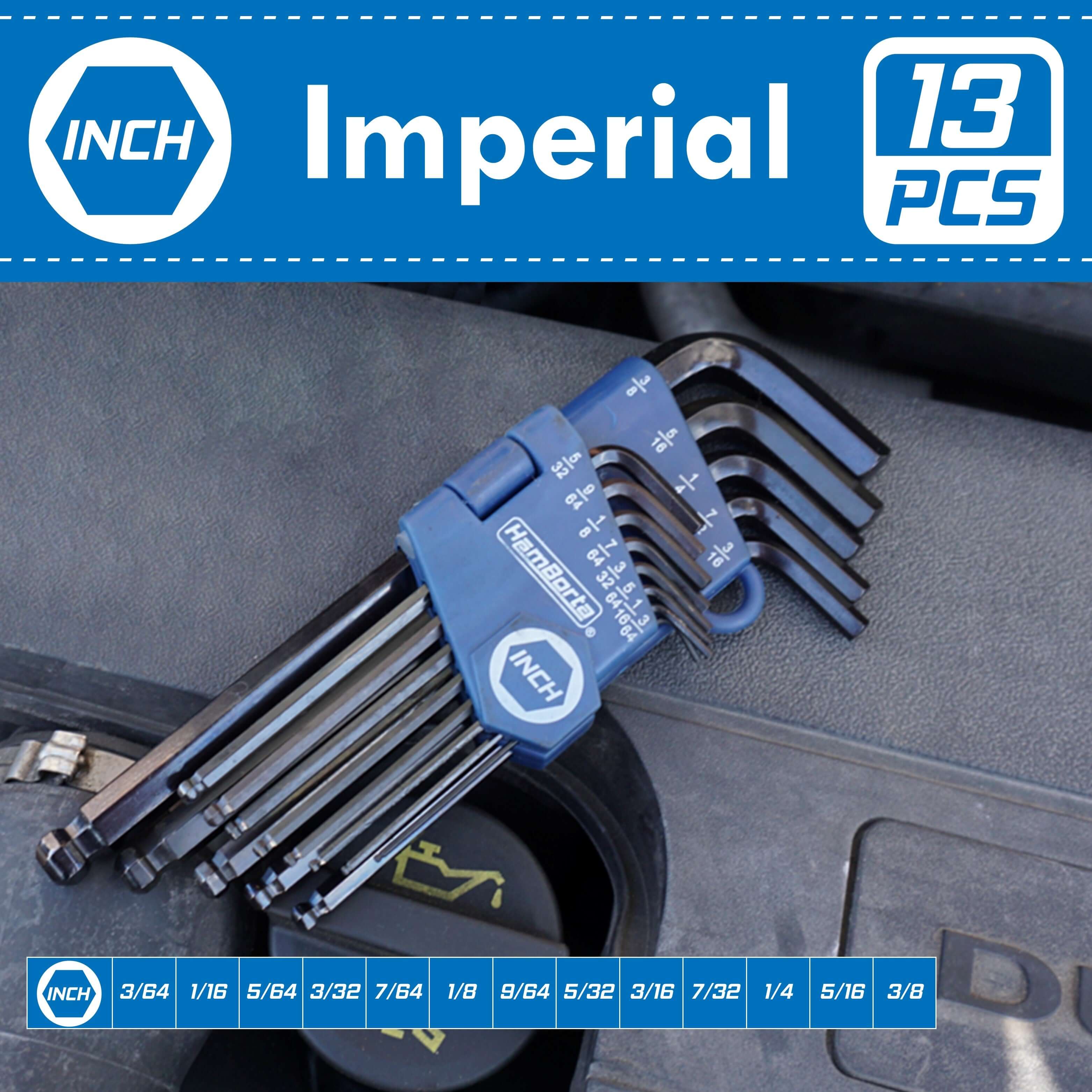 Imperial Allen key set with 13 pieces in varying sizes, featuring a durable heat-treated CRV steel construction.