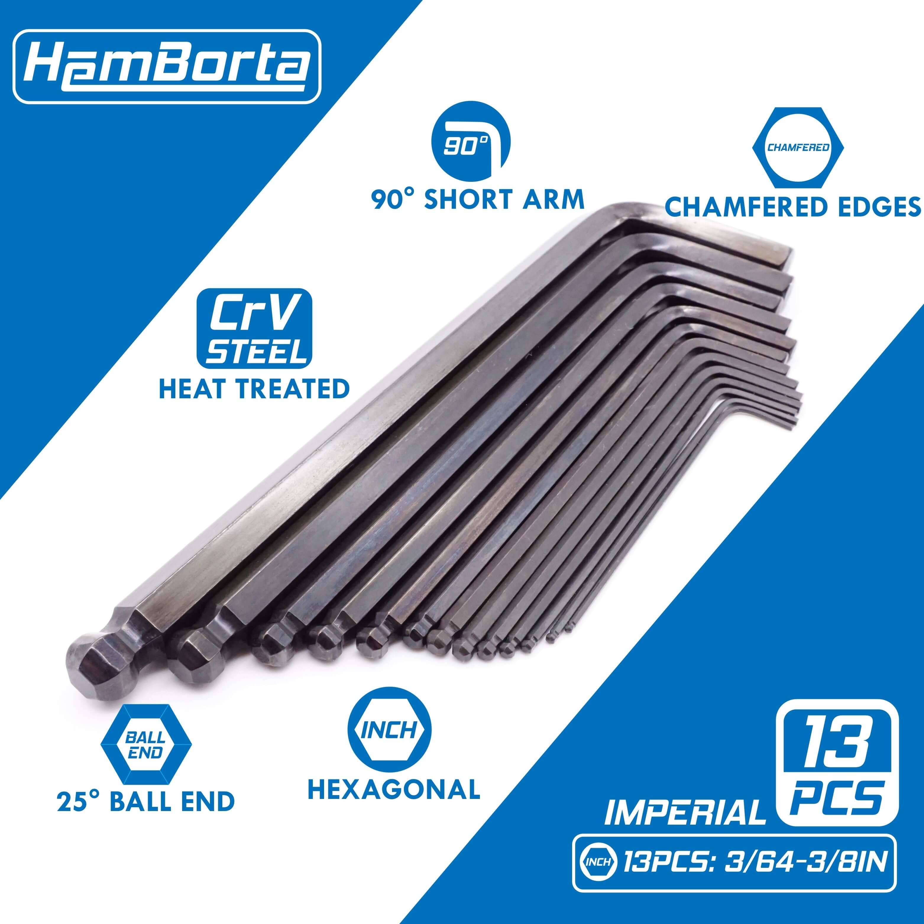 HemBorta 13-piece imperial allen key set featuring long ball end hex keys made from heat-treated CRV steel.
