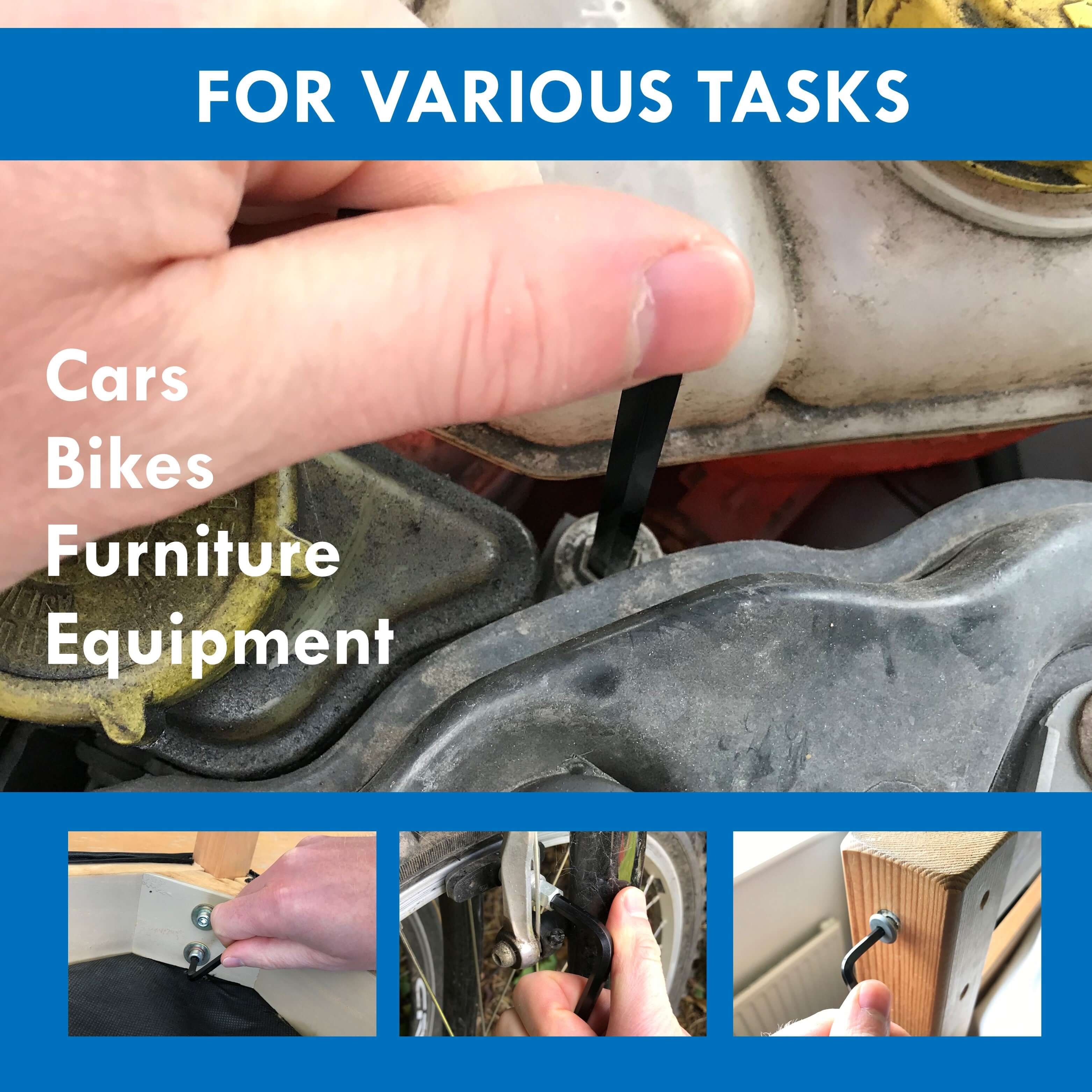 Imperial Allen keys being used on cars, bikes, and furniture for various tasks, showcasing versatility and applicability.