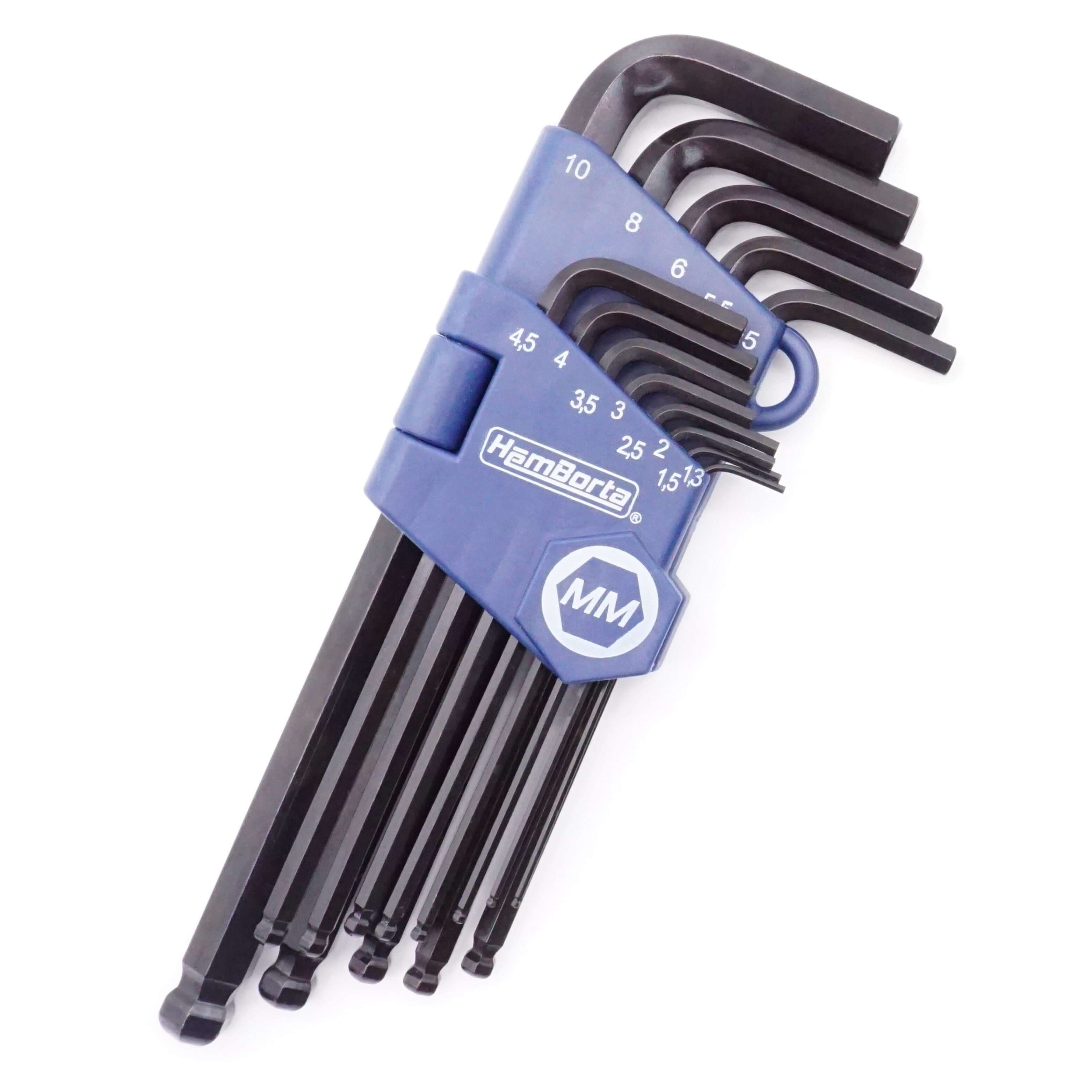 HemBorta 13pc Metric Allen Key Set with ball end, sizes 1.27-10mm, made from heat-treated CRV steel for durability.