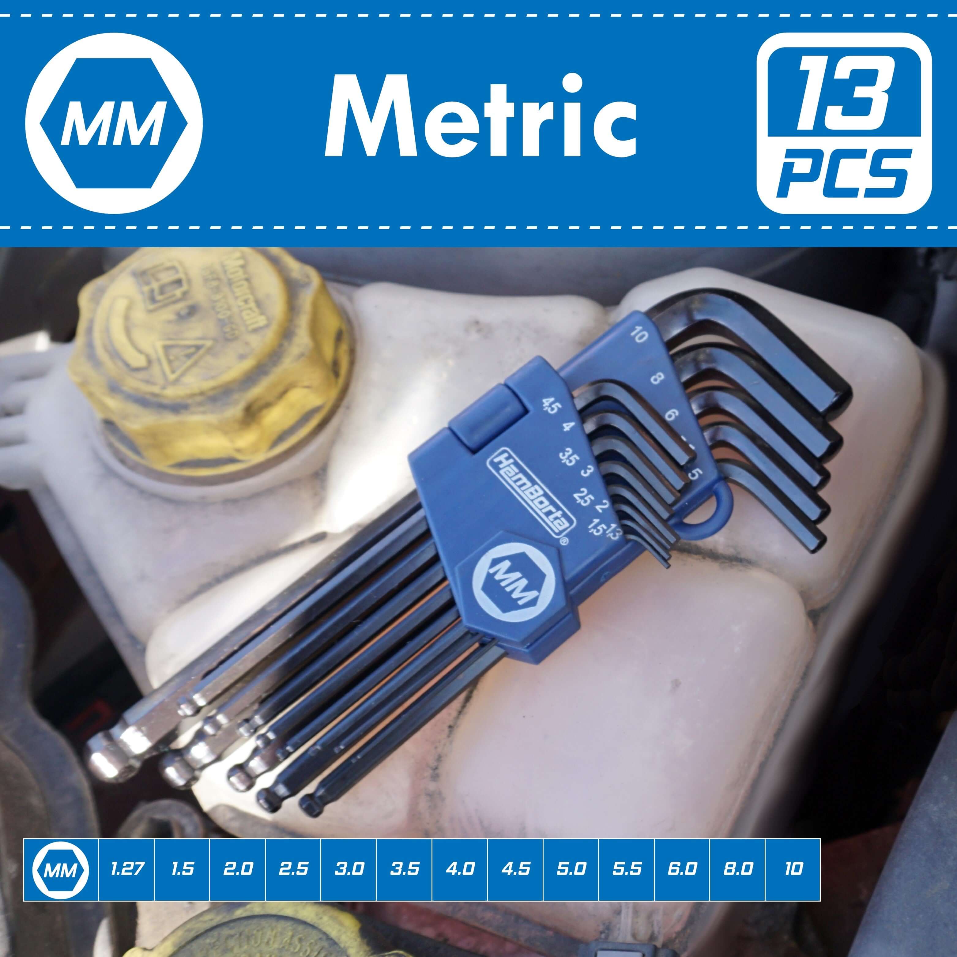 HemBorta 13pc metric allen key set with ball end, heat treated CRV steel, sizes 1.27-10mm, displayed on a toolbench.