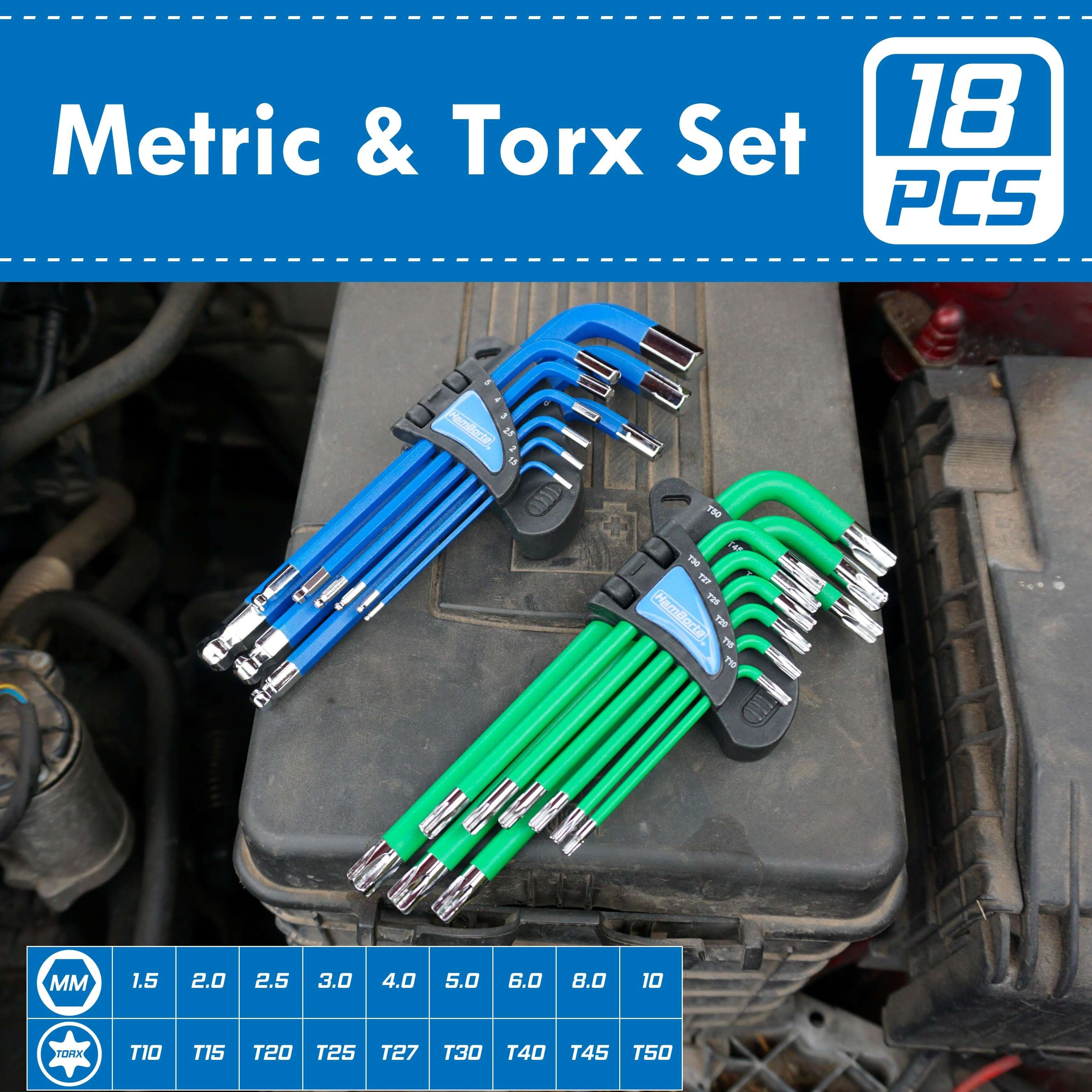 18-piece metric and Torx Allen key set with ball end keys, displayed on a toolbox, offering diverse sizes for easy access.