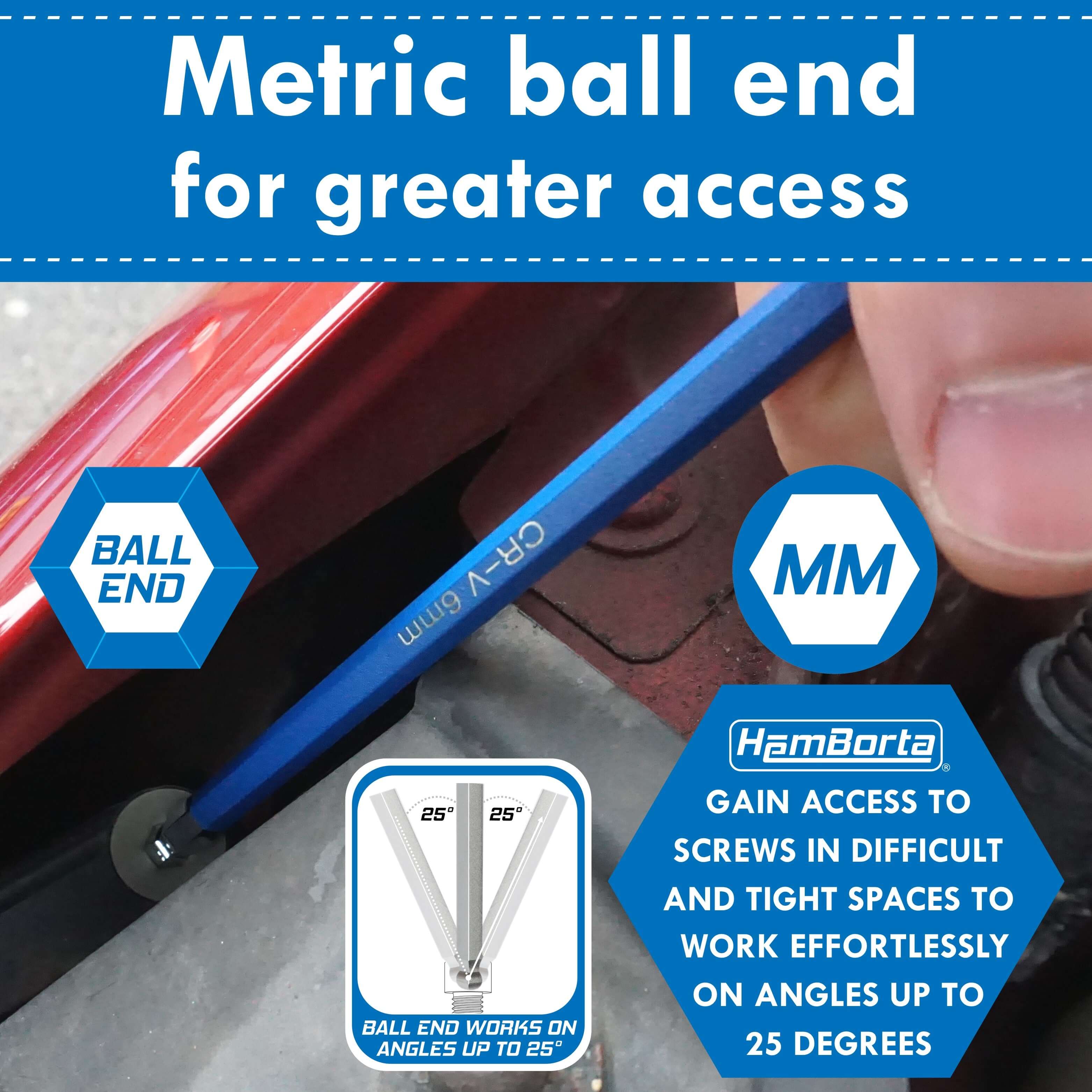 Close-up of a metric ball end Allen key facilitating access to tight spaces at angles up to 25 degrees.