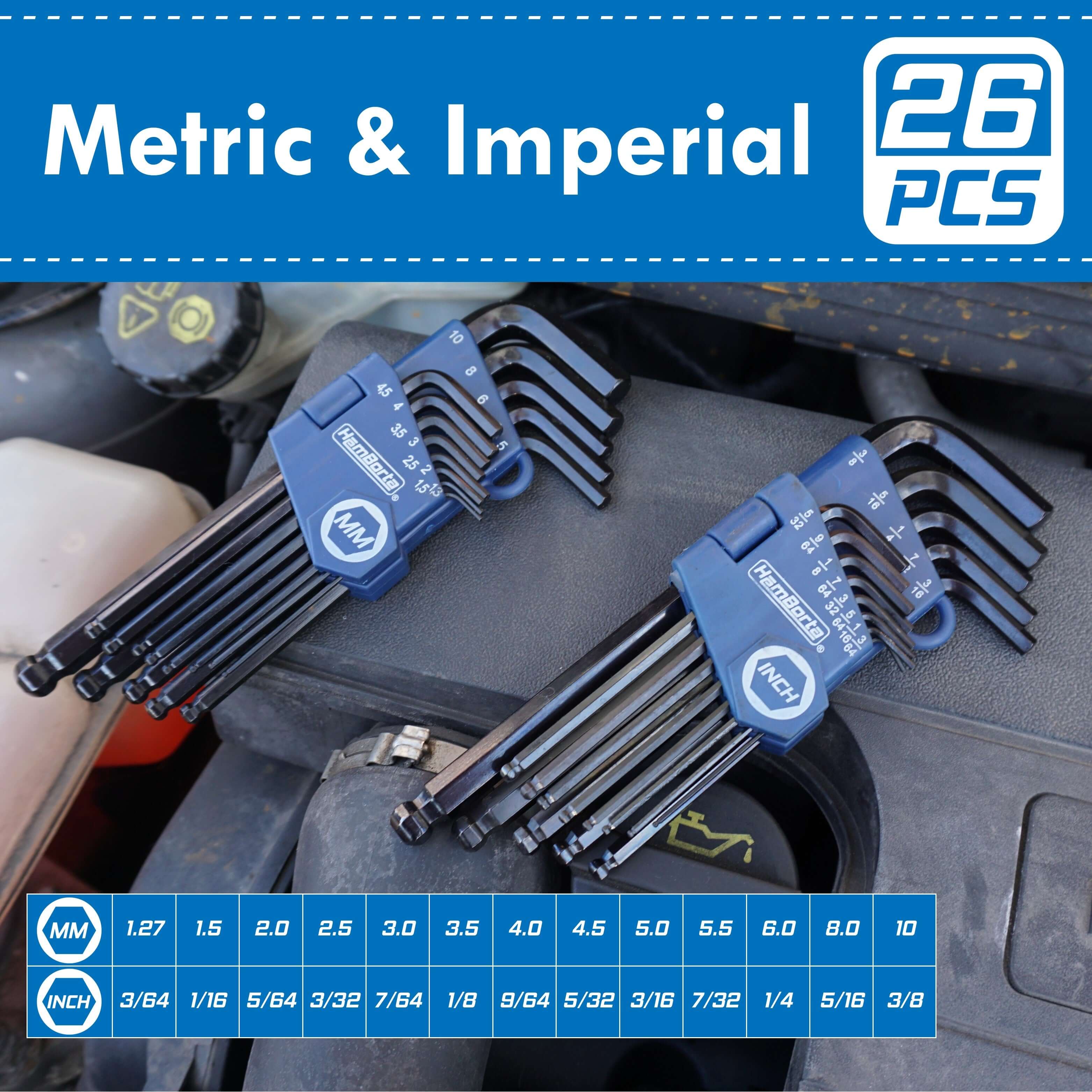 HemBorta 26pc Metric and Imperial Allen Key Set displayed with sizes labeled 1.27-10mm and 3/64-3/8in for diverse tasks.