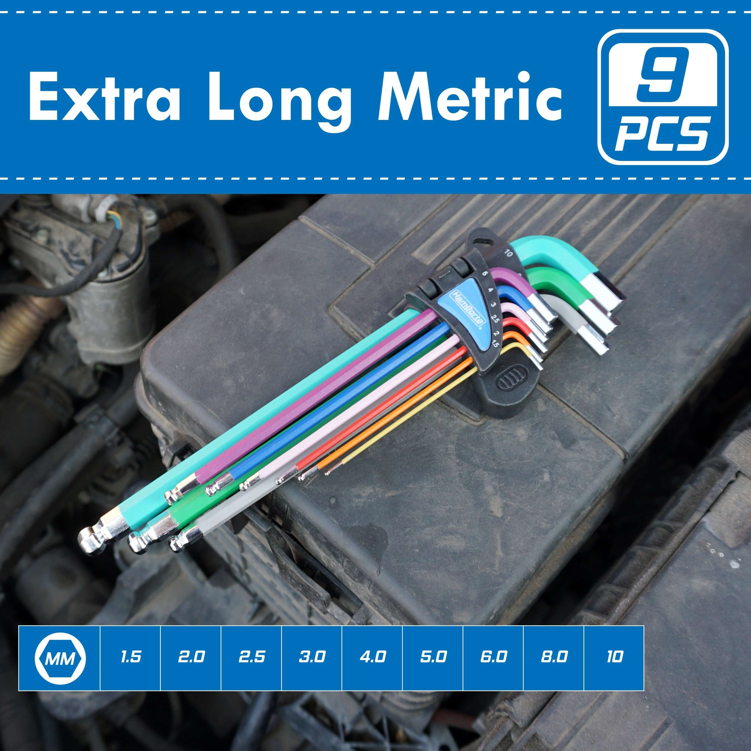 HemBorta Extra Long Metric Allen Key Set 9pcs in various colors, featuring ball ends for better reach and versatility, sizes 1.5mm-10mm.