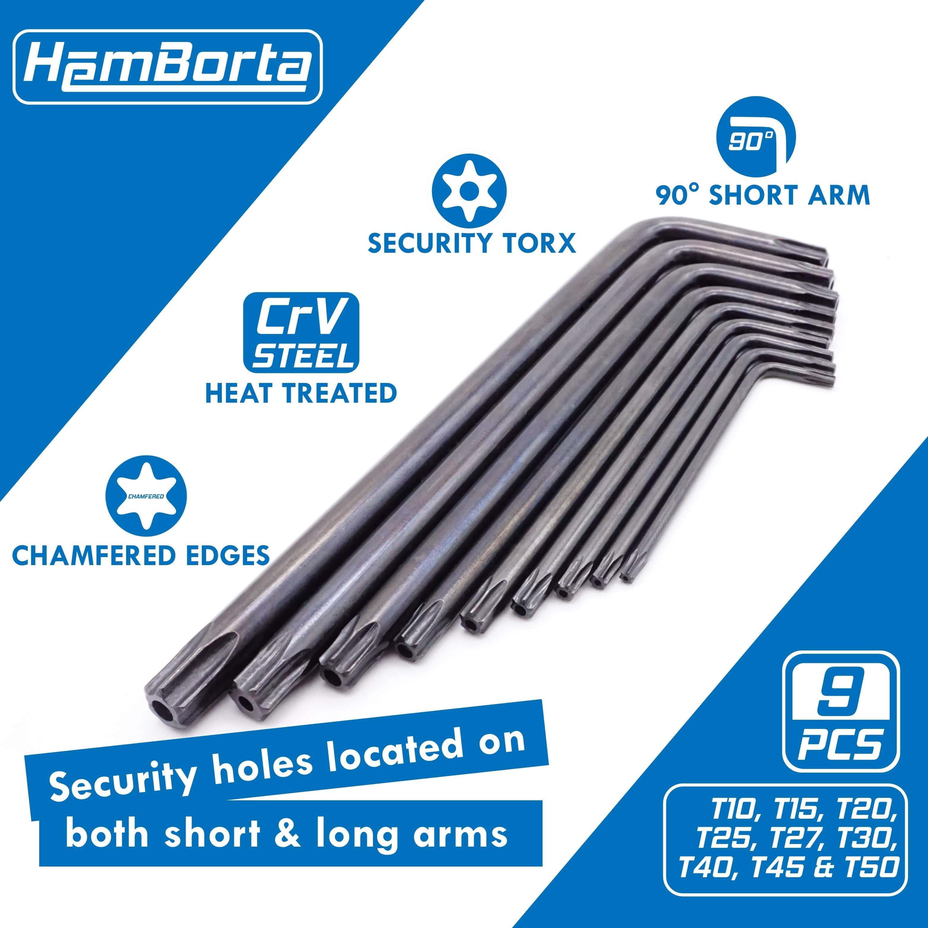 HemBorta 9PC security Torx key set featuring long and short arms, made of heat-treated CRV steel with chamfered edges.