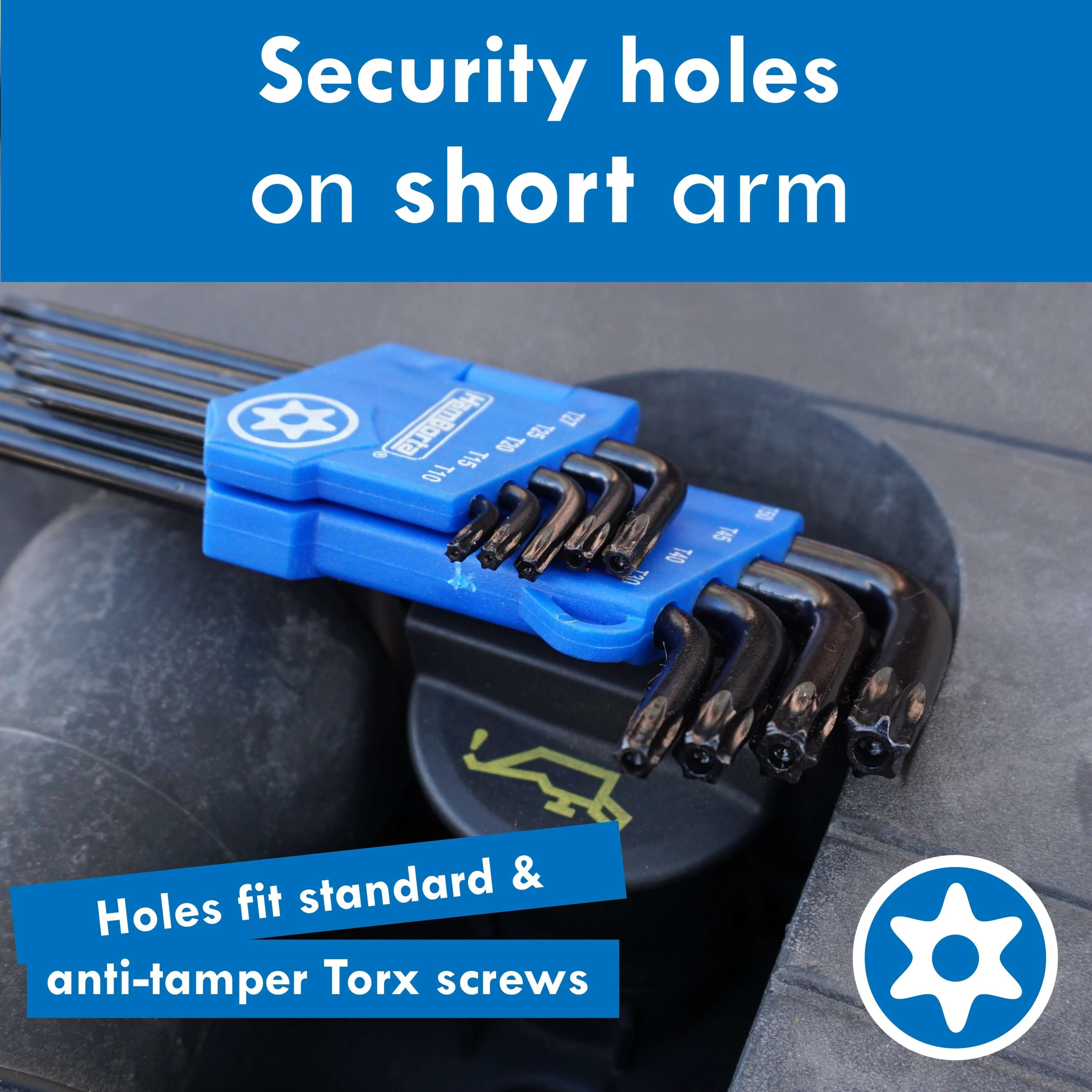 HemBorta torx key set with security holes for standard and anti-tamper screws, featuring short arm design.