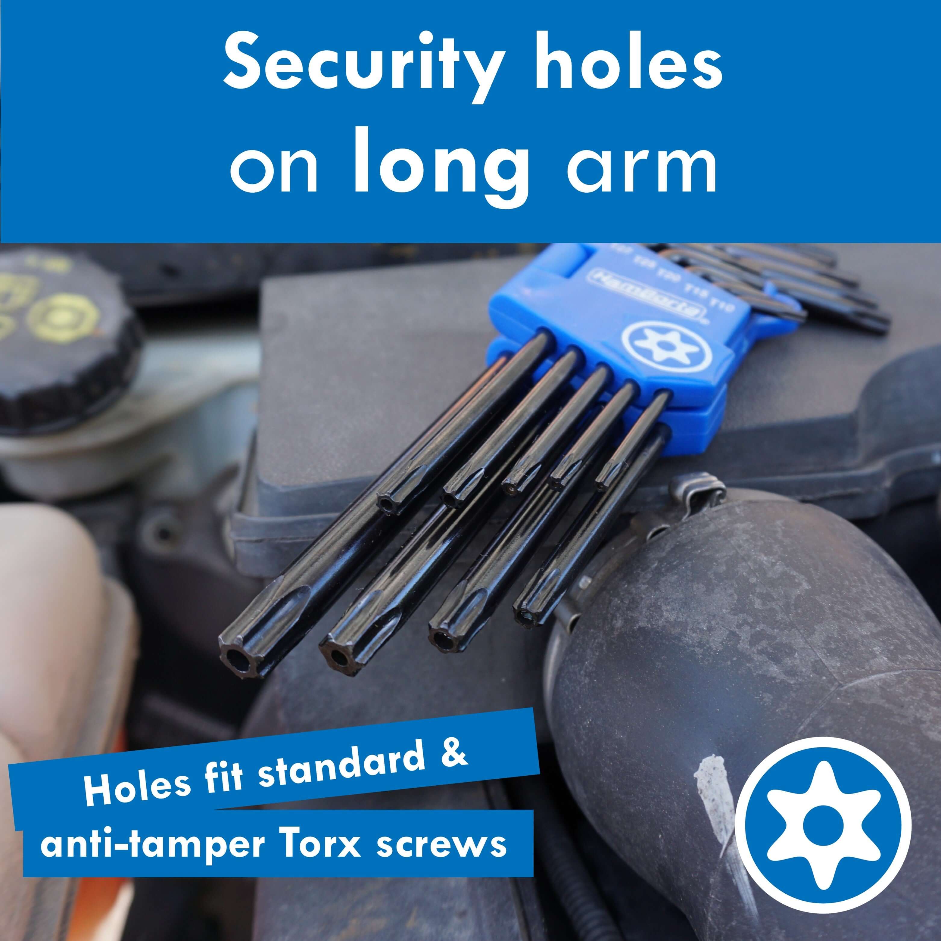 HemBorta Torx key set with security holes on long arm, suitable for standard and anti-tamper Torx screws.