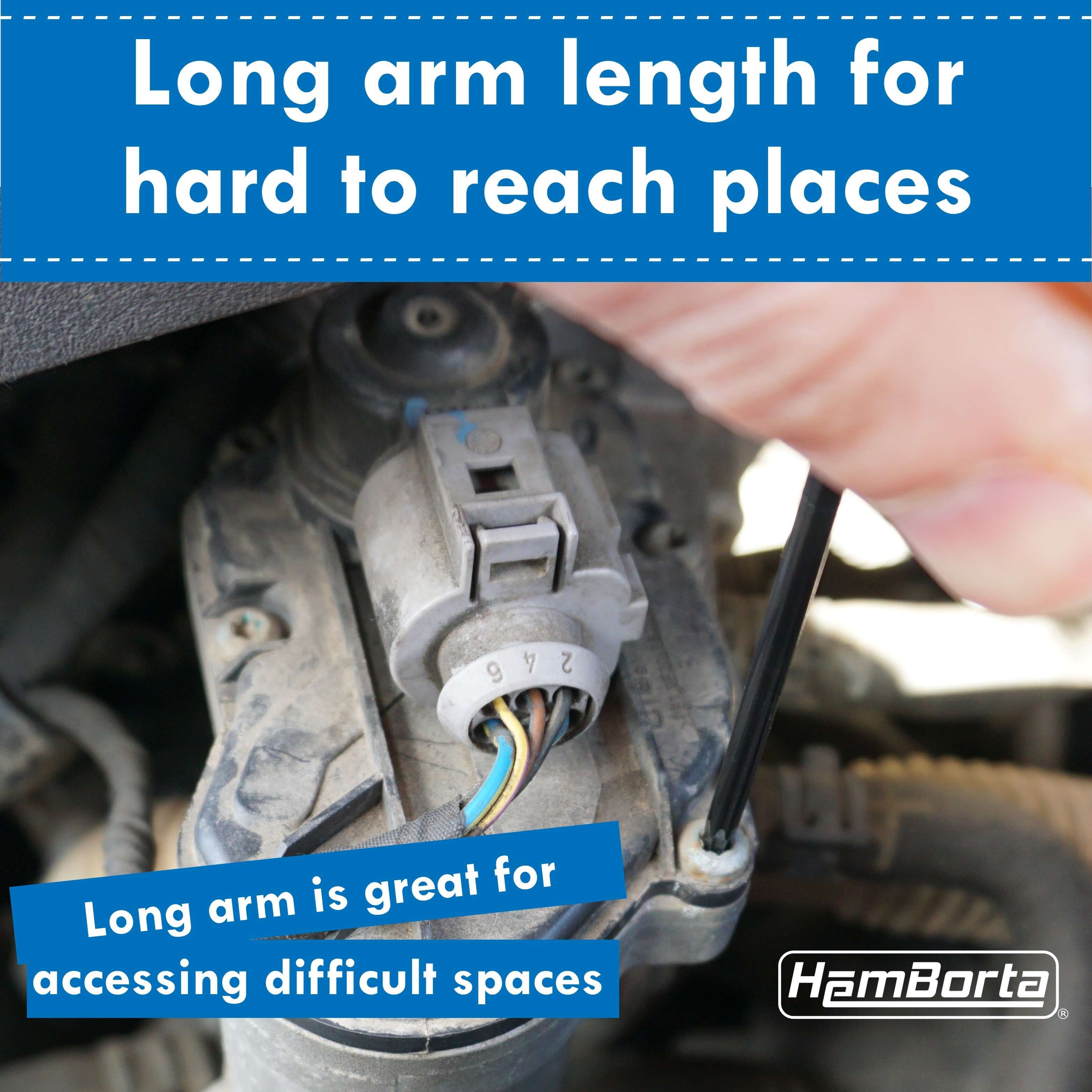 Hand using HemBorta long arm Torx key in tight space for hard-to-reach areas in automotive maintenance.