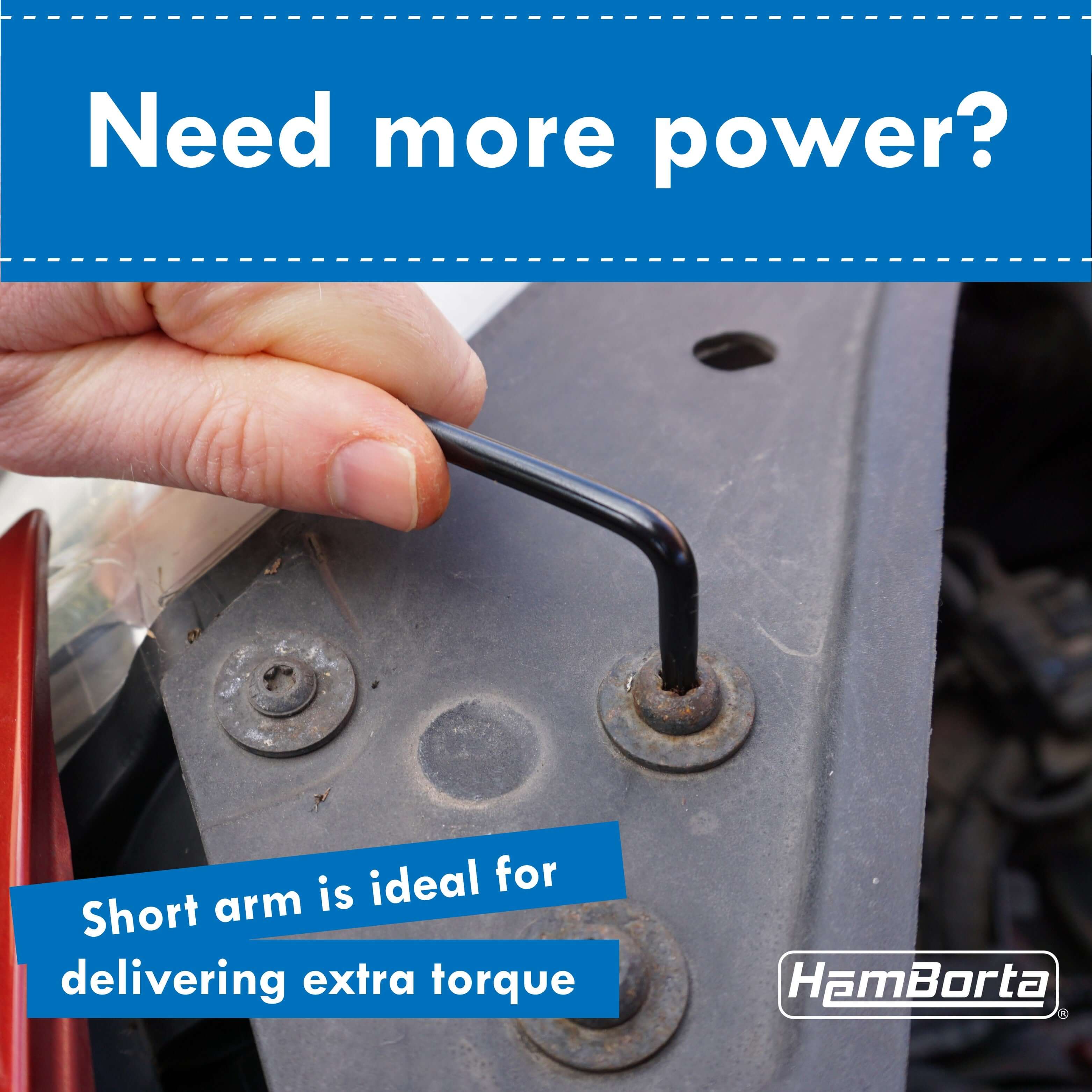 Hand using a short-arm Torx key set for extra torque on a vehicle component with clear visibility of screws.