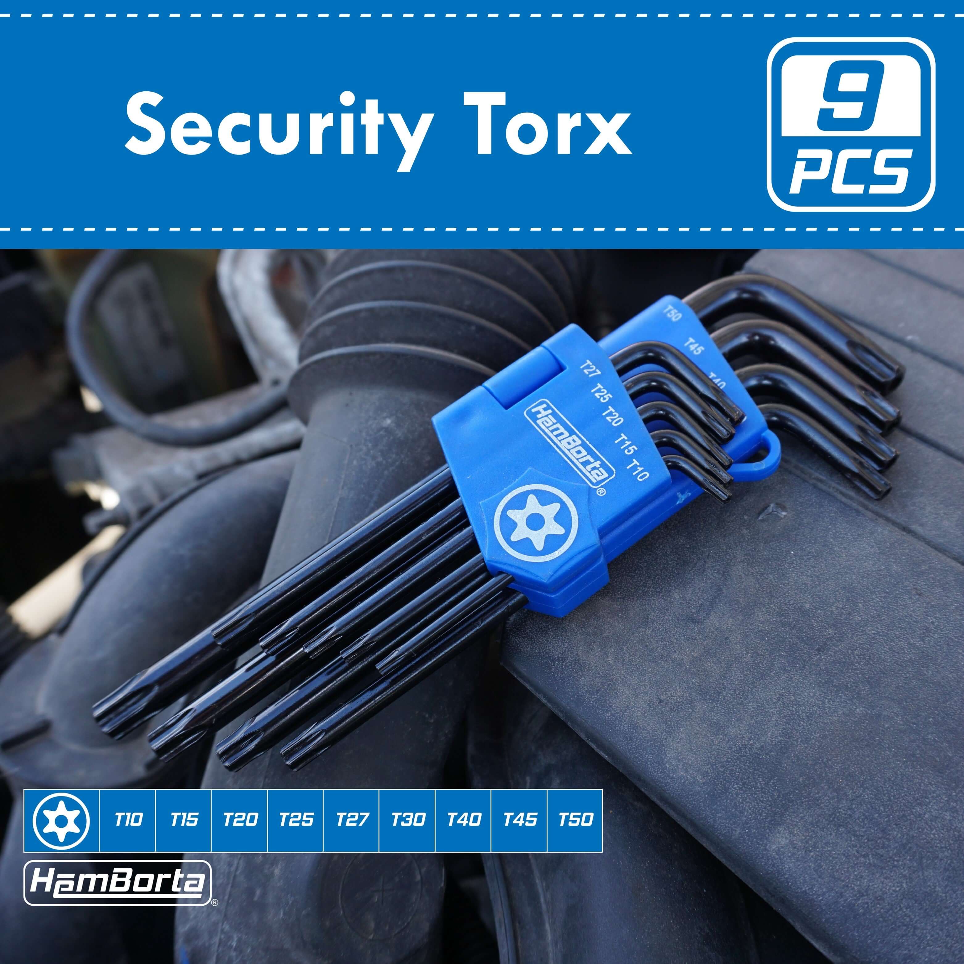9PC HemBorta Security Torx Key Set T10-T50 on vehicle engine, perfect for versatility in maintenance tasks.