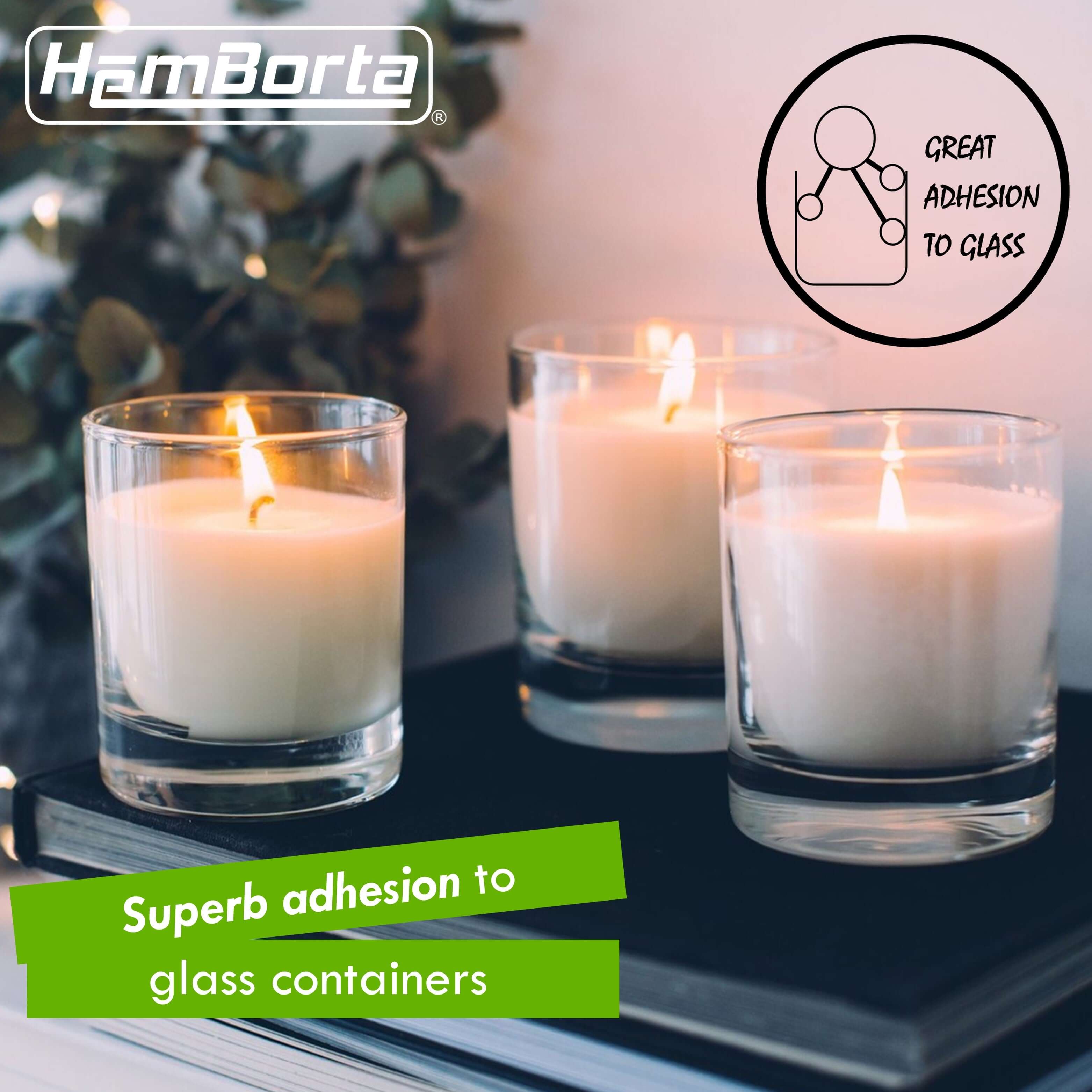 Three HemBorta soy wax candles in glass containers showcasing great adhesion to glass for effective candle making.
