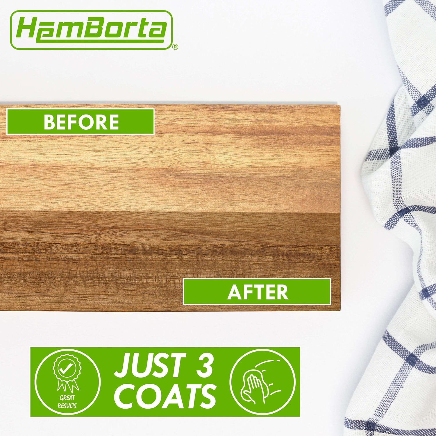 Wooden chopping board before and after treatment with food grade mineral oil