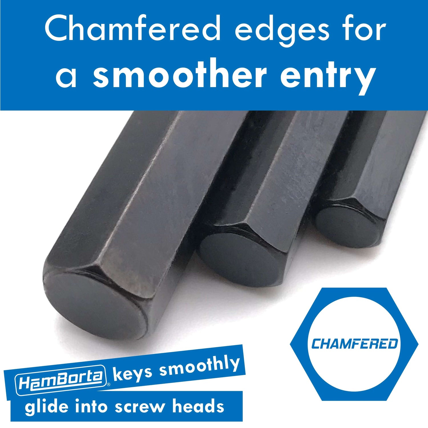 Chamfered Allen key tip entering a hex socket screw cleanly