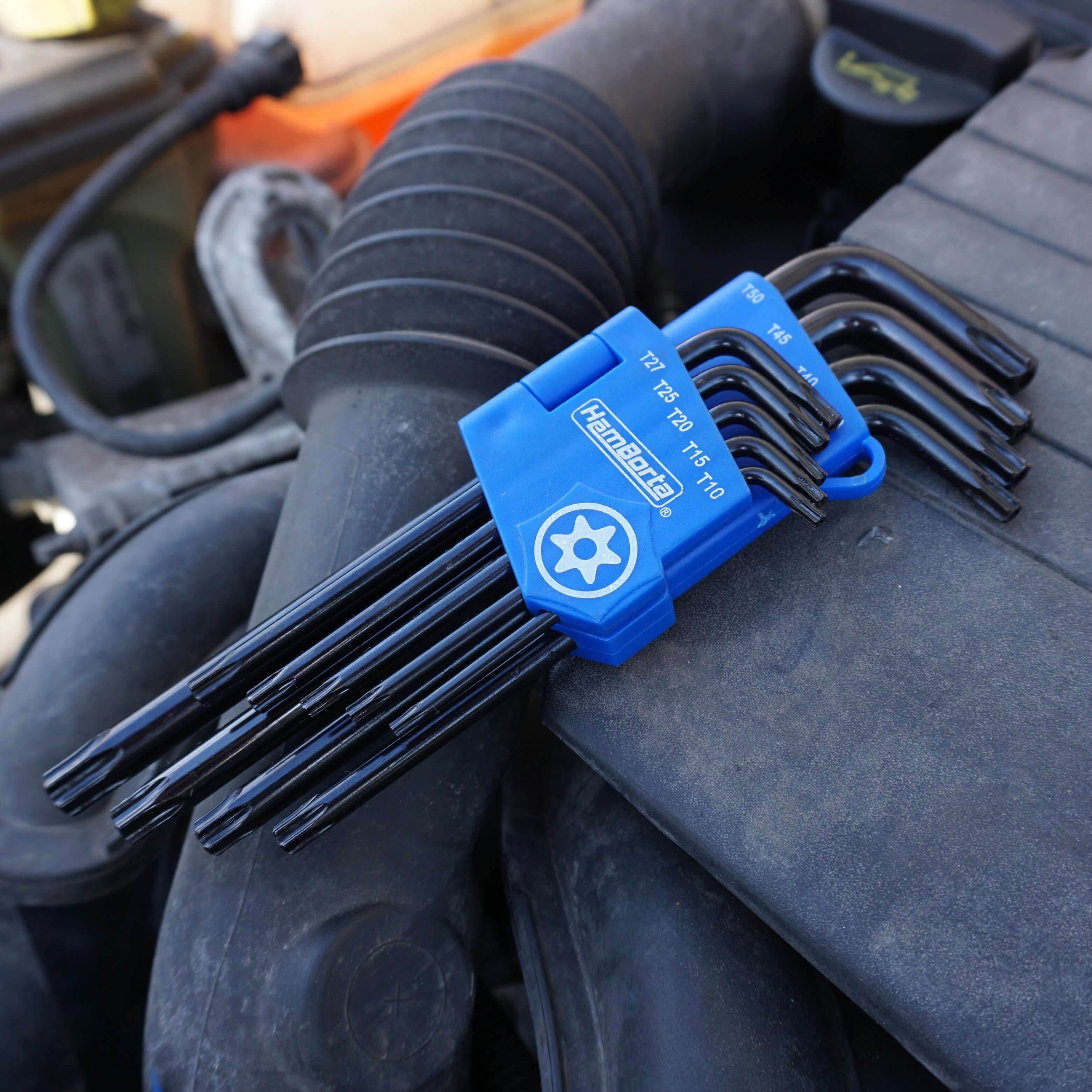 Torx star key set T10 to T50 on a vehicle engine