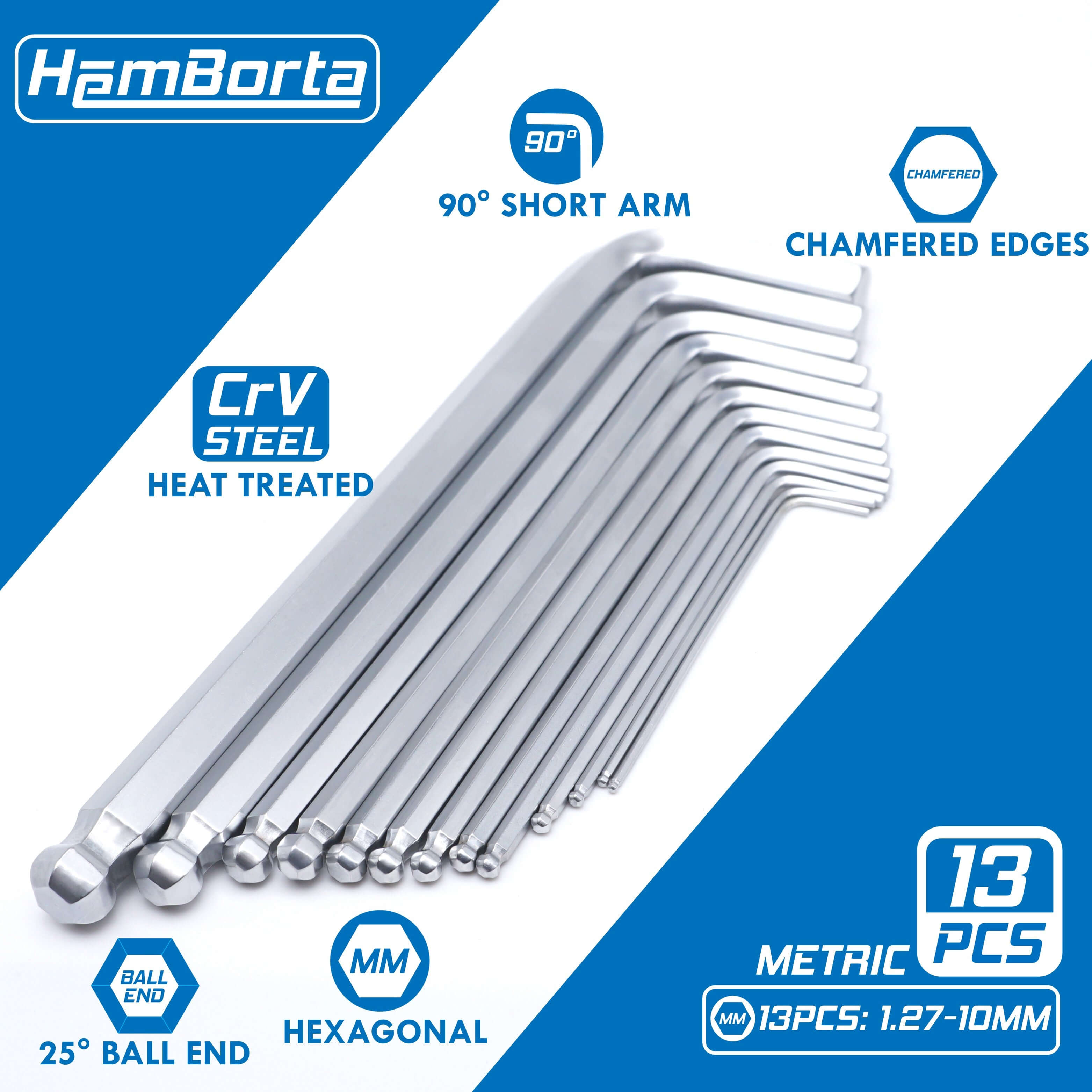 HemBorta 13pc metric Allen key set featuring heat treated CrV steel, 25° ball end, and chamfered edges.