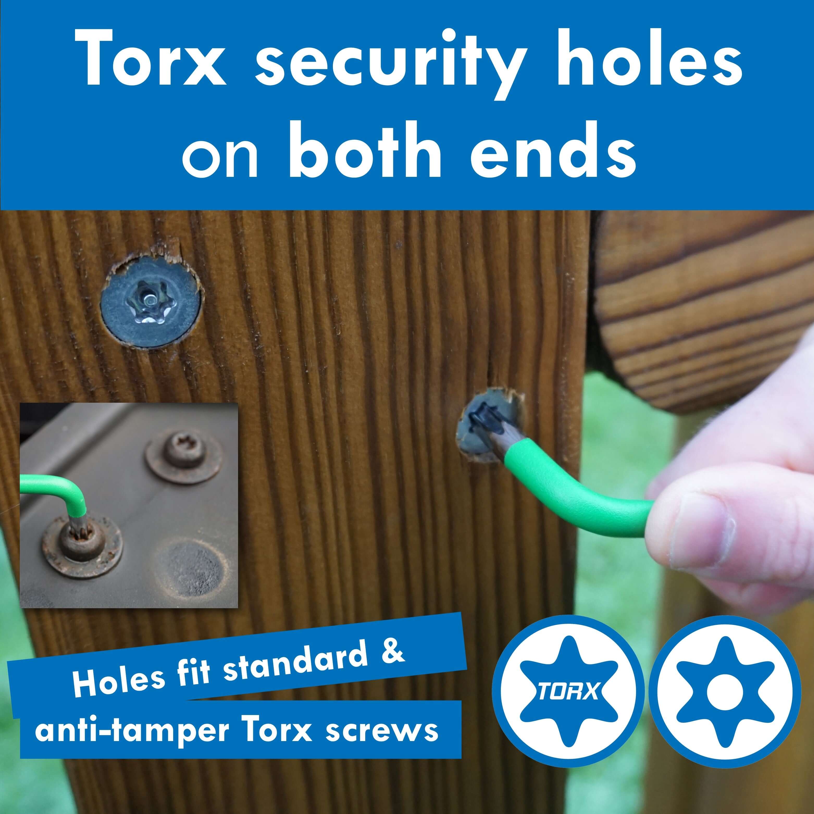 Torx security holes on both ends, fitting standard & anti-tamper Torx screws for secure fastening.