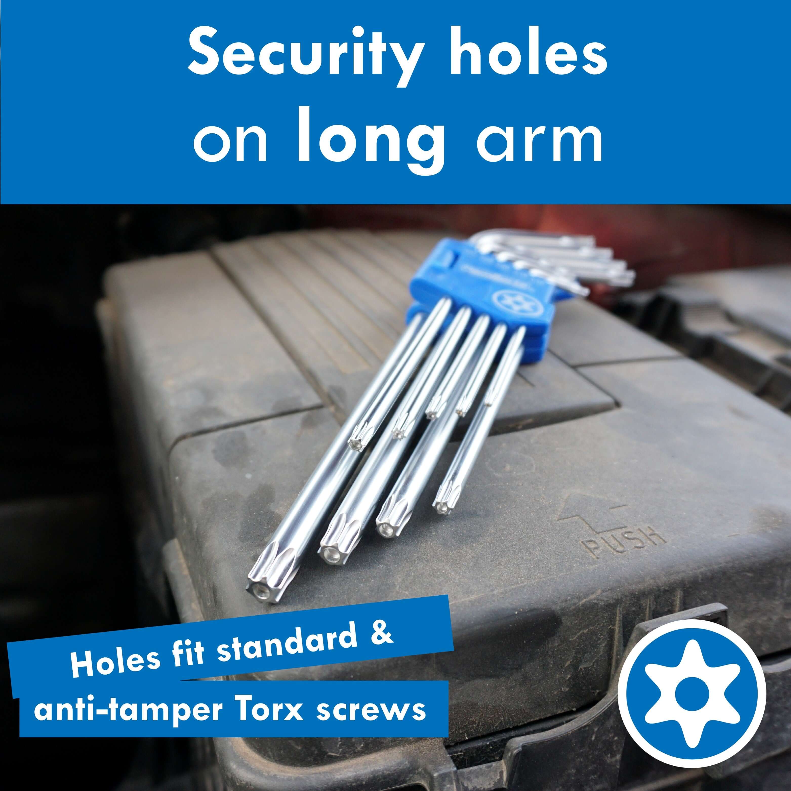 Long-arm Torx key set with security holes for standard and anti-tamper screws on a vehicle engine.