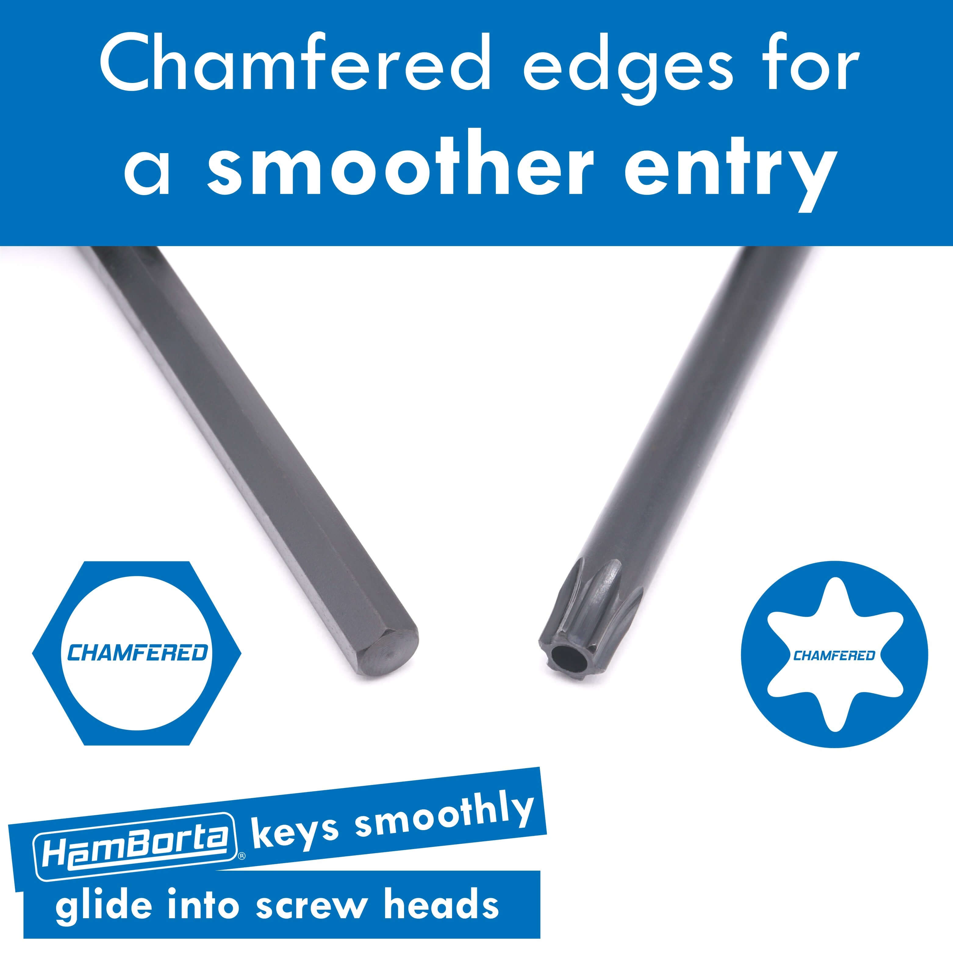 Chamfered edges of HemBorta keys for smoother entry into screw heads, enhancing performance and usability.