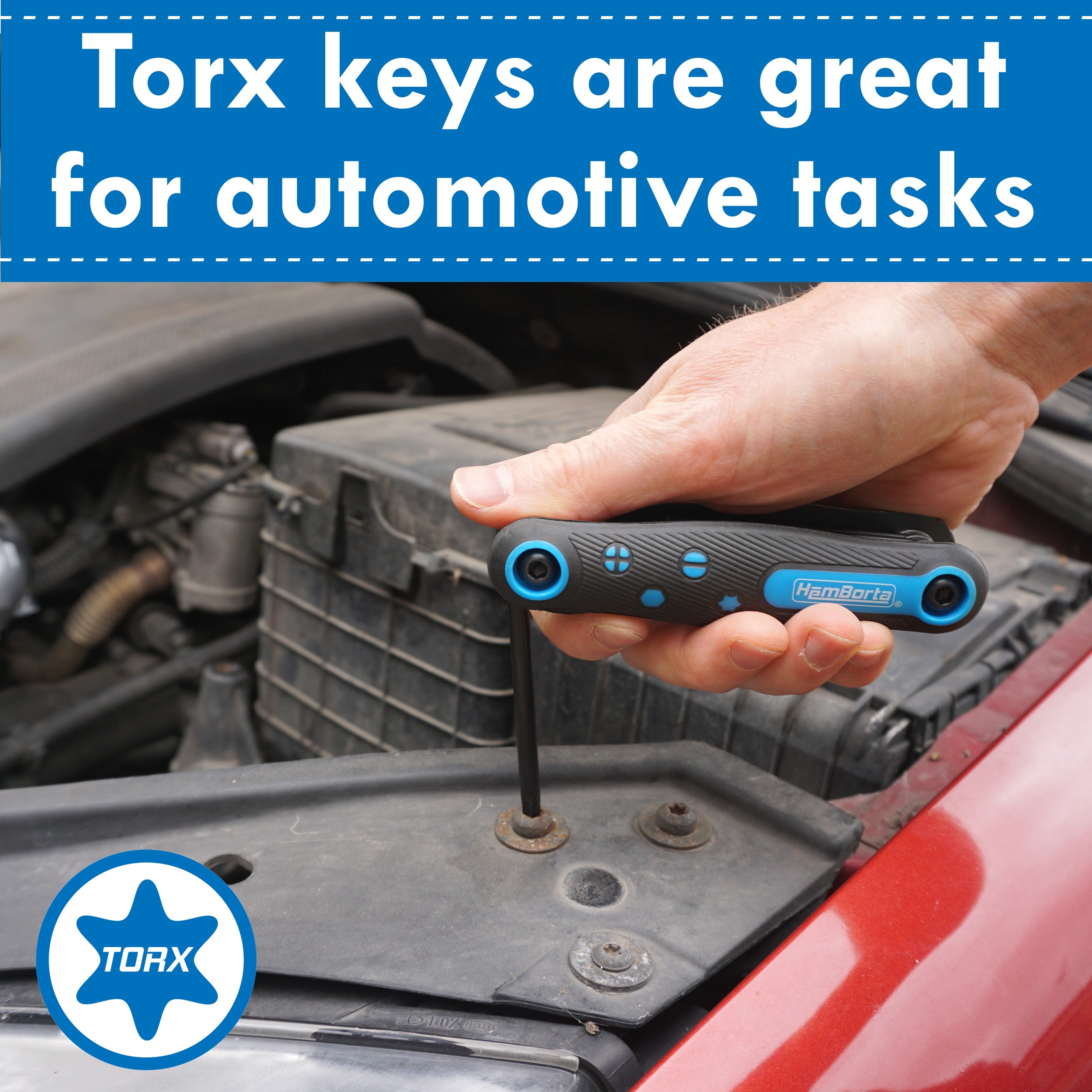 Folding Torx Key Set in use on car engine star screws