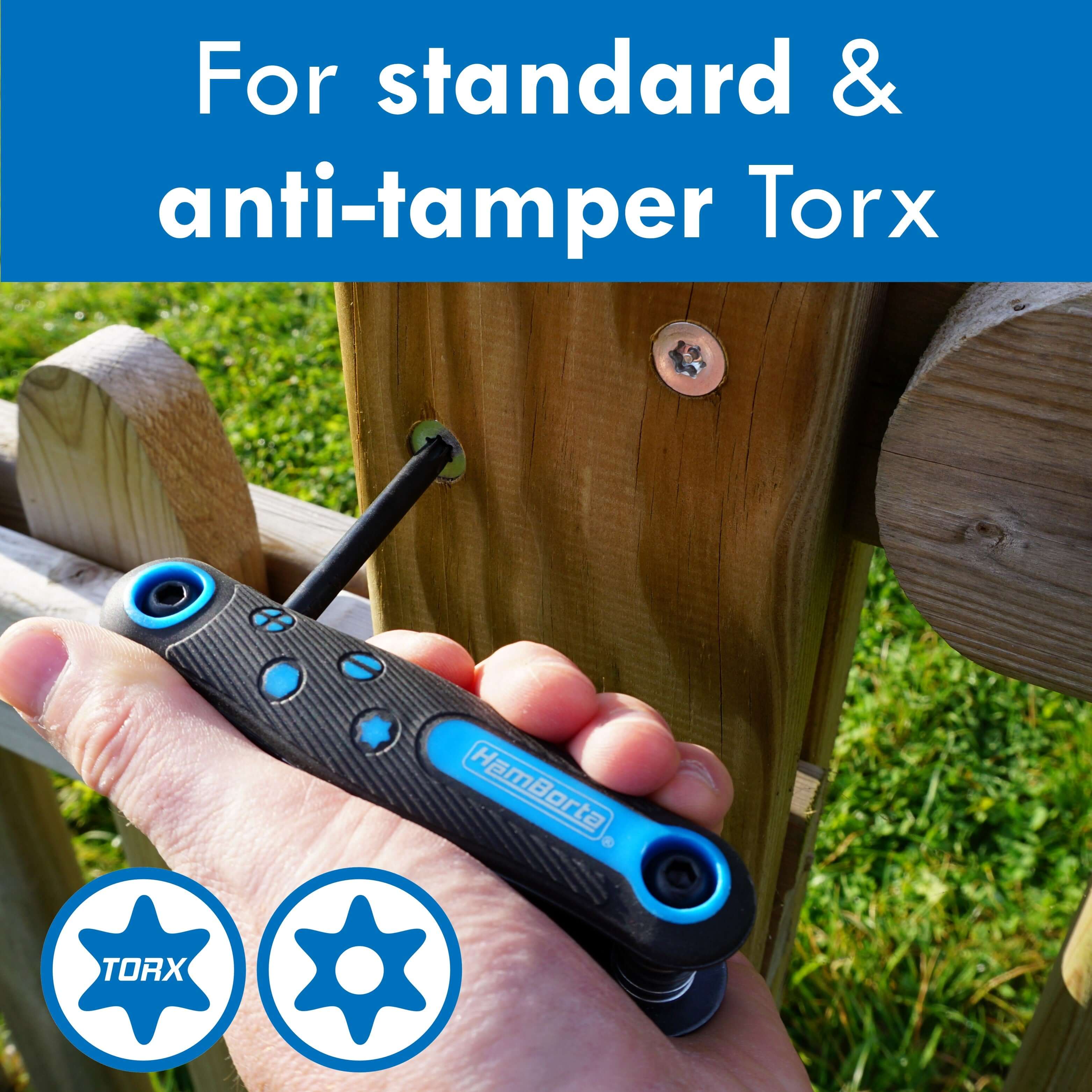 Person using HemBorta Folding Torx Key Set on a wooden surface for standard and anti-tamper Torx screws.