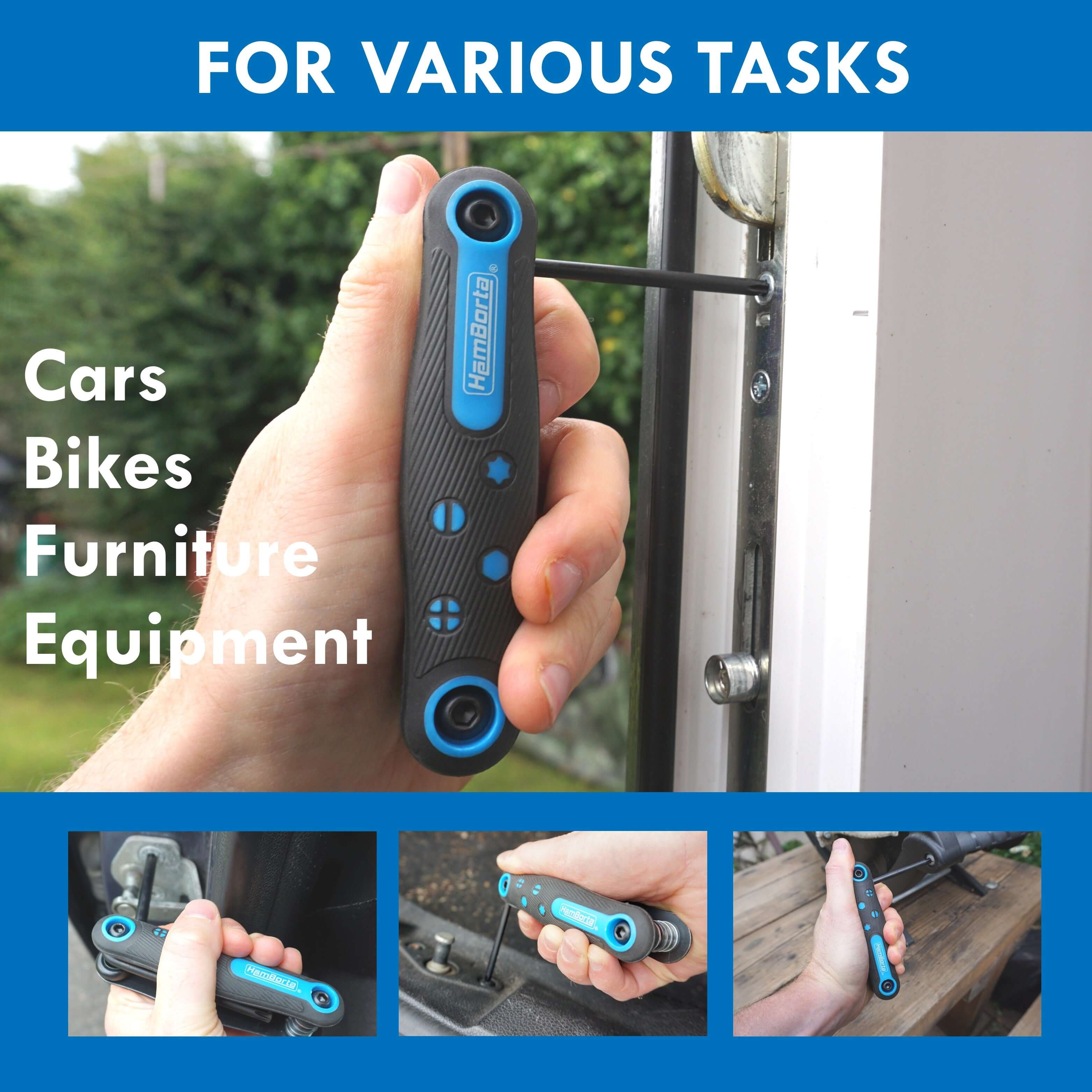 Hand holding HemBorta folding tool over a screw, showcasing versatility for cars, bikes, furniture, and equipment.