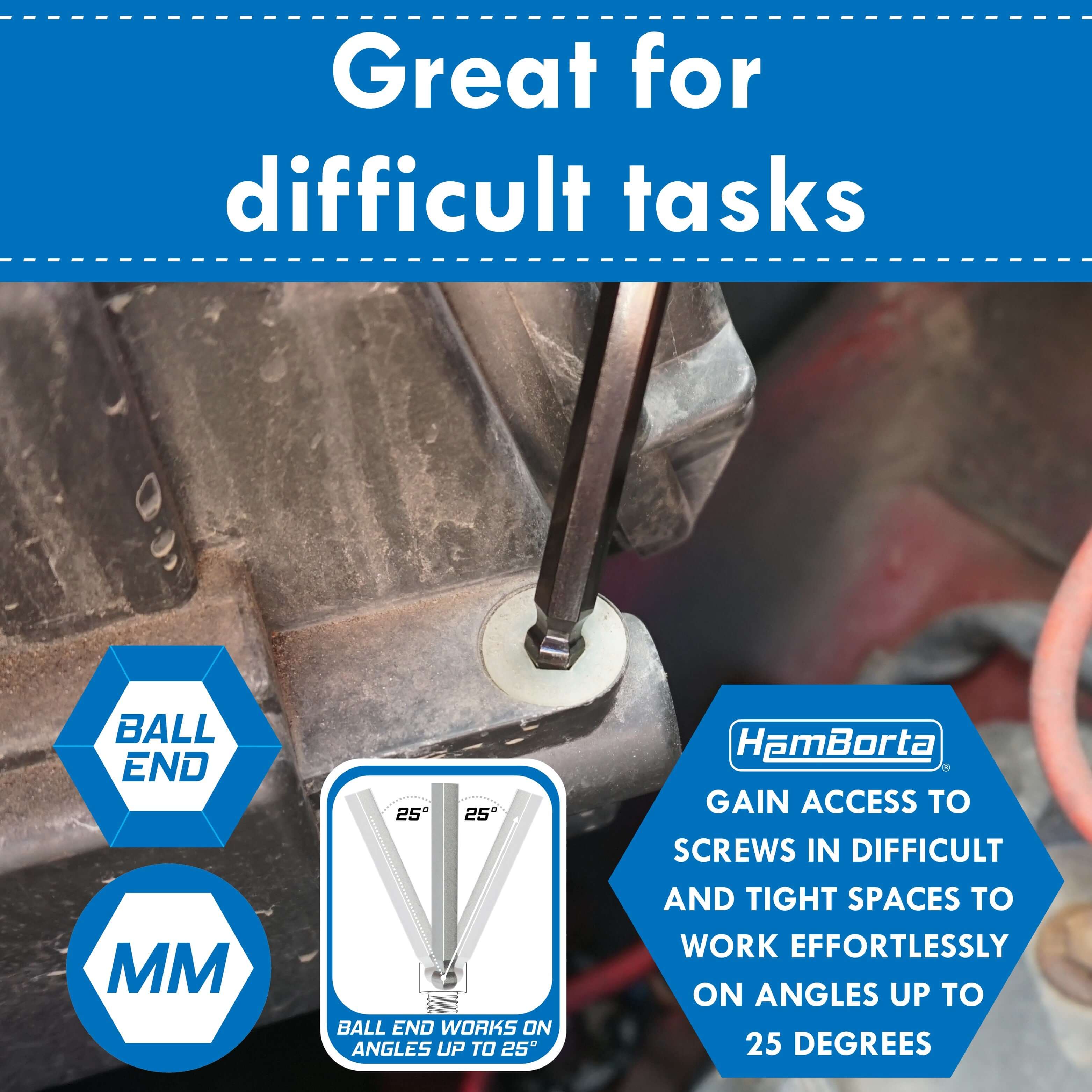 HemBorta Allen key set demonstrating ball end design for access to screws at angles up to 25 degrees in tight spaces.