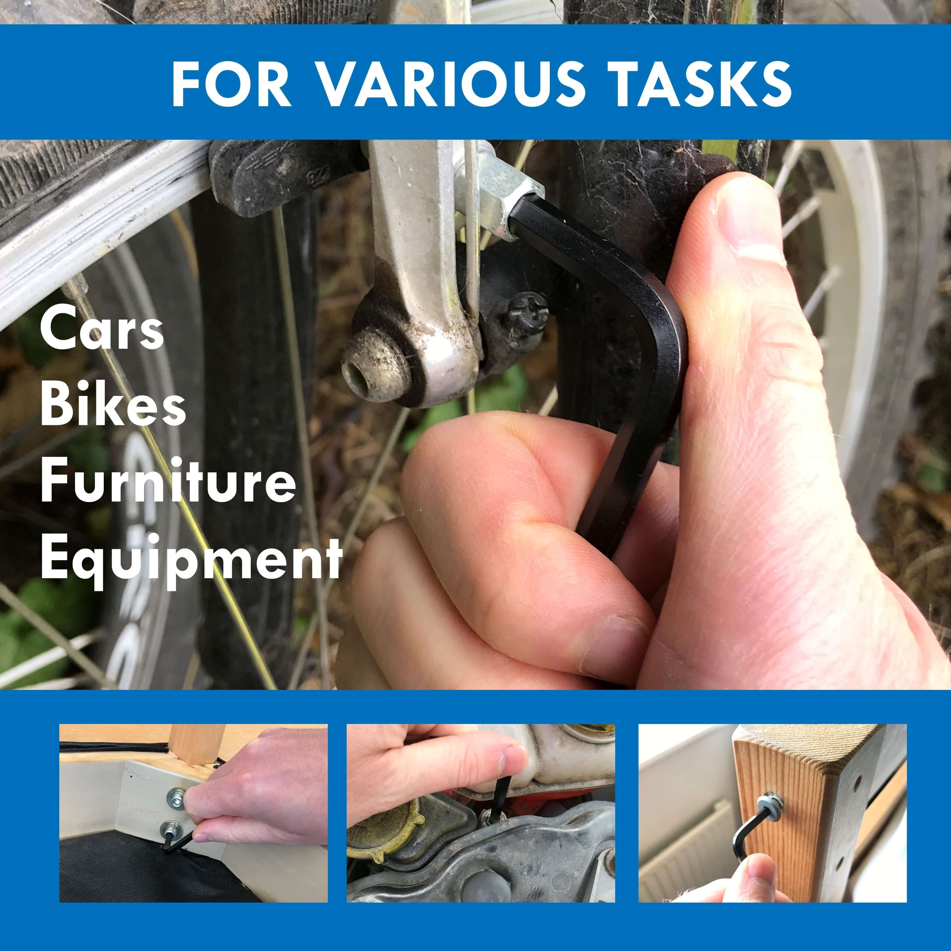 Person using an Allen key for various tasks, including cars, bikes, furniture, and equipment maintenance.