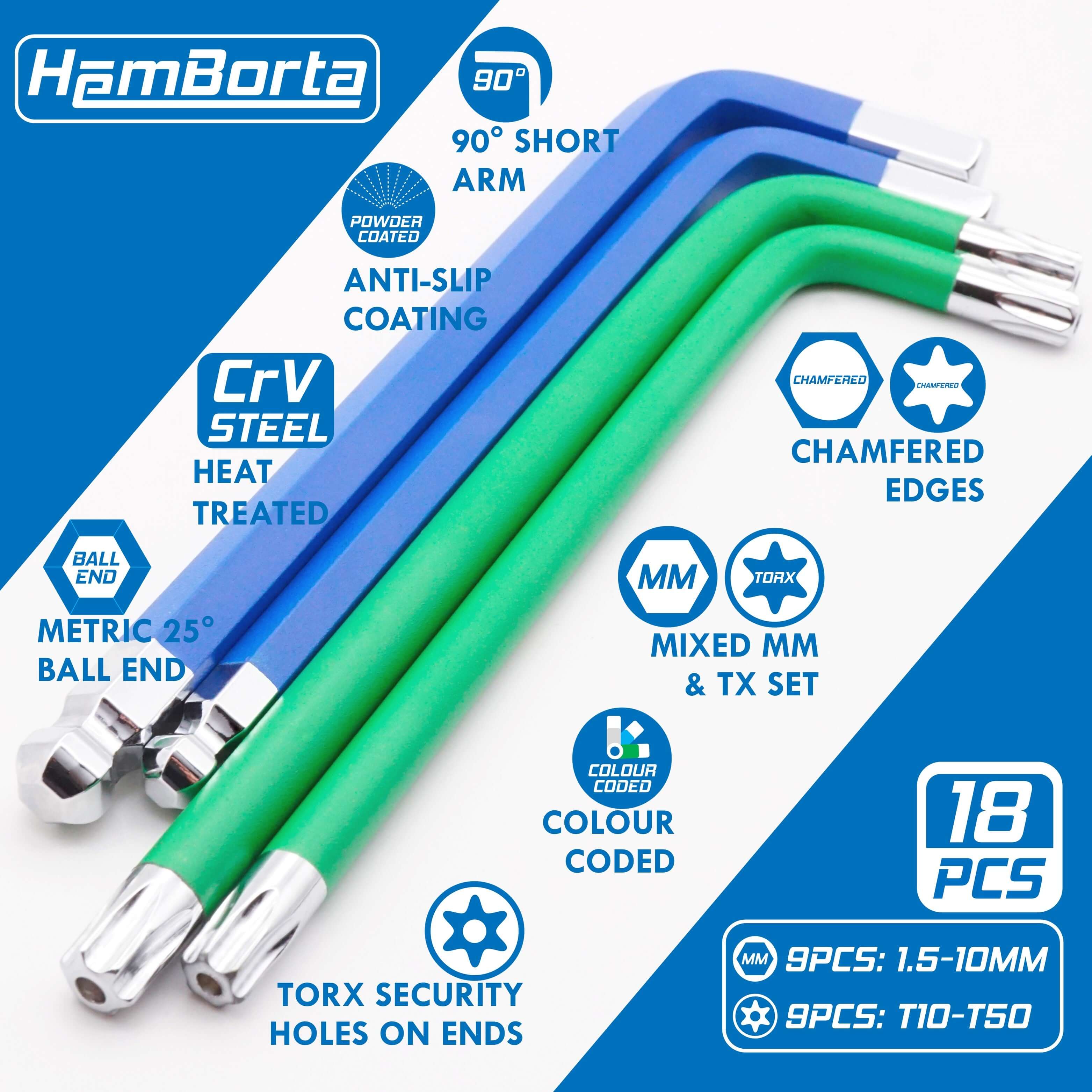HemBorta 18pc Allen Key Set with ball end and Torx keys, made from heat-treated CRV steel, color-coded with chamfered edges.