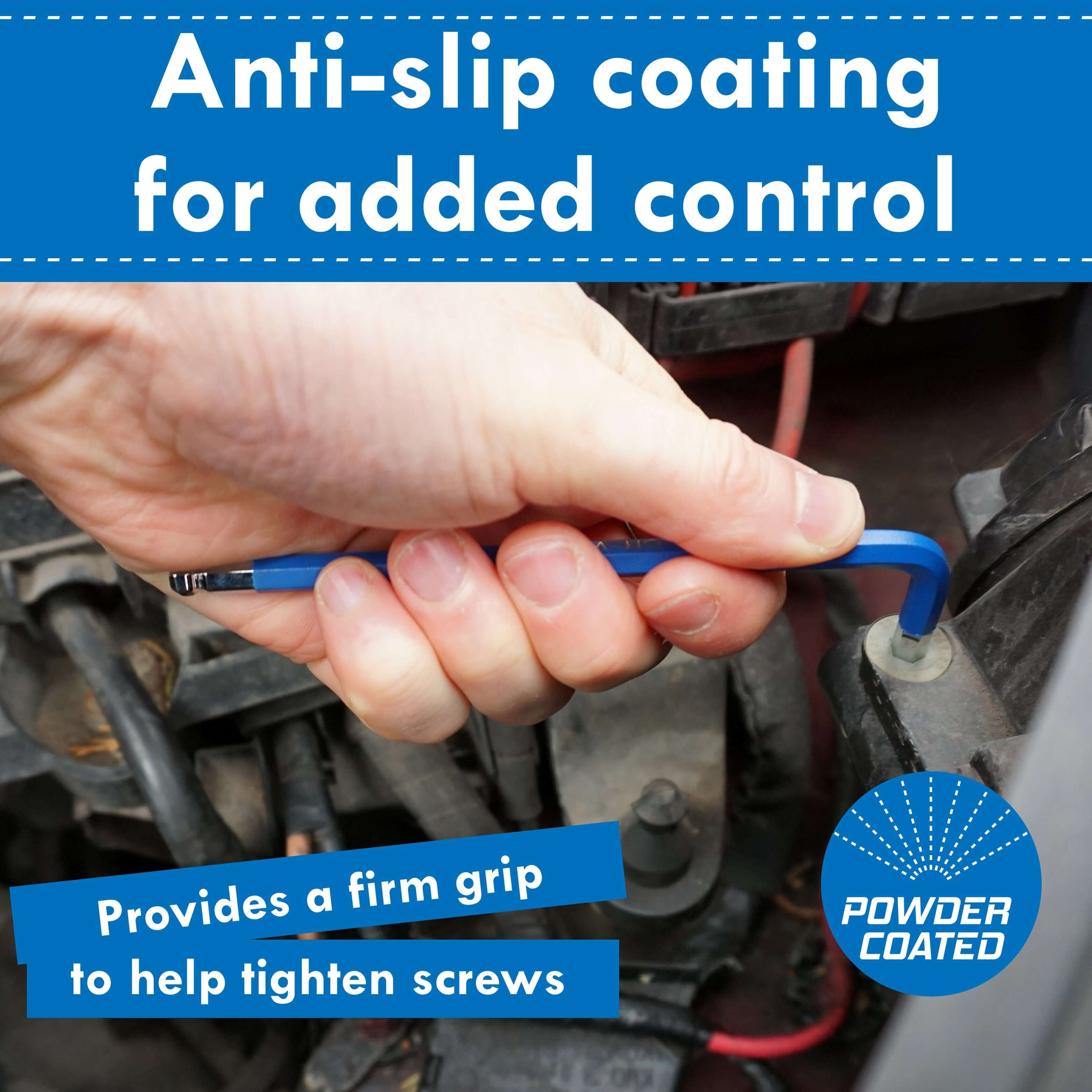 Person using anti-slip powder-coated tool for added grip while tightening screws in a vehicle.