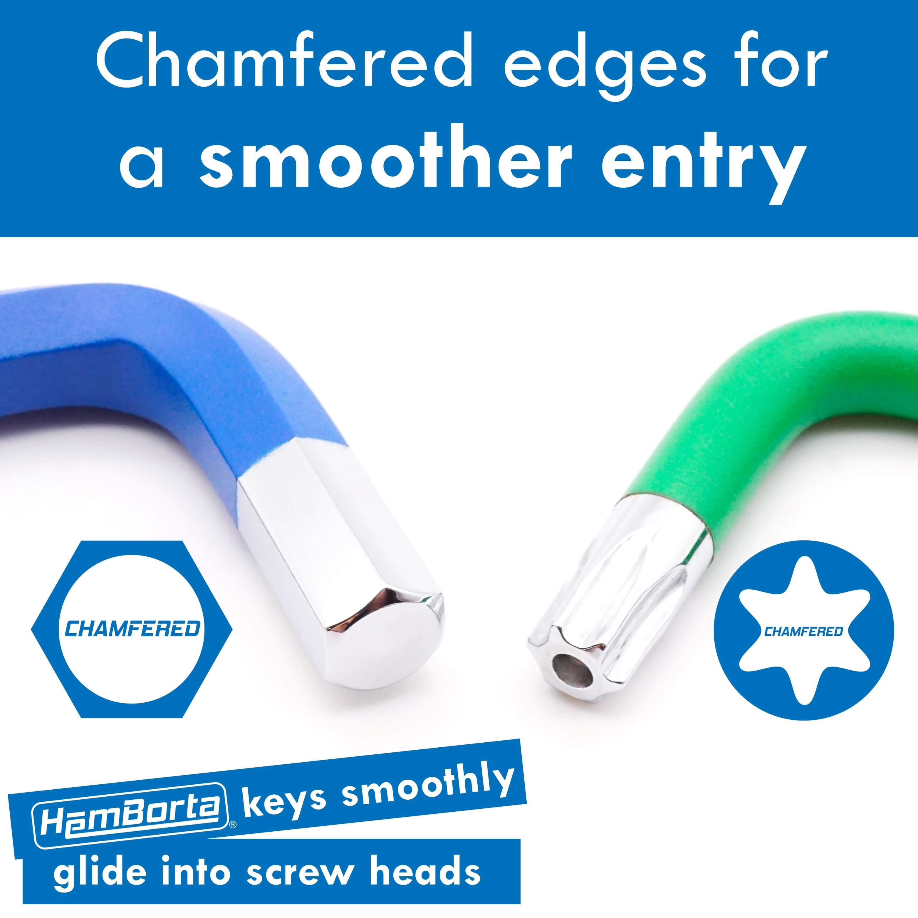 Chamfered edge Allen and Torx keys for smoother entry into screw heads by HemBorta, enhancing precision in your toolbox.