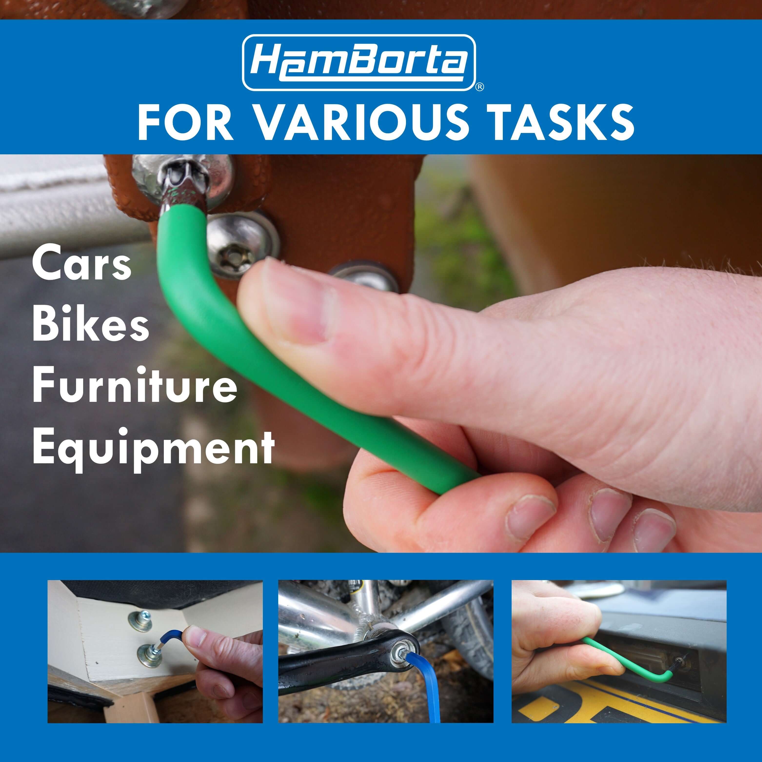 Hand using HemBorta tool for various tasks on cars, bikes, and furniture.