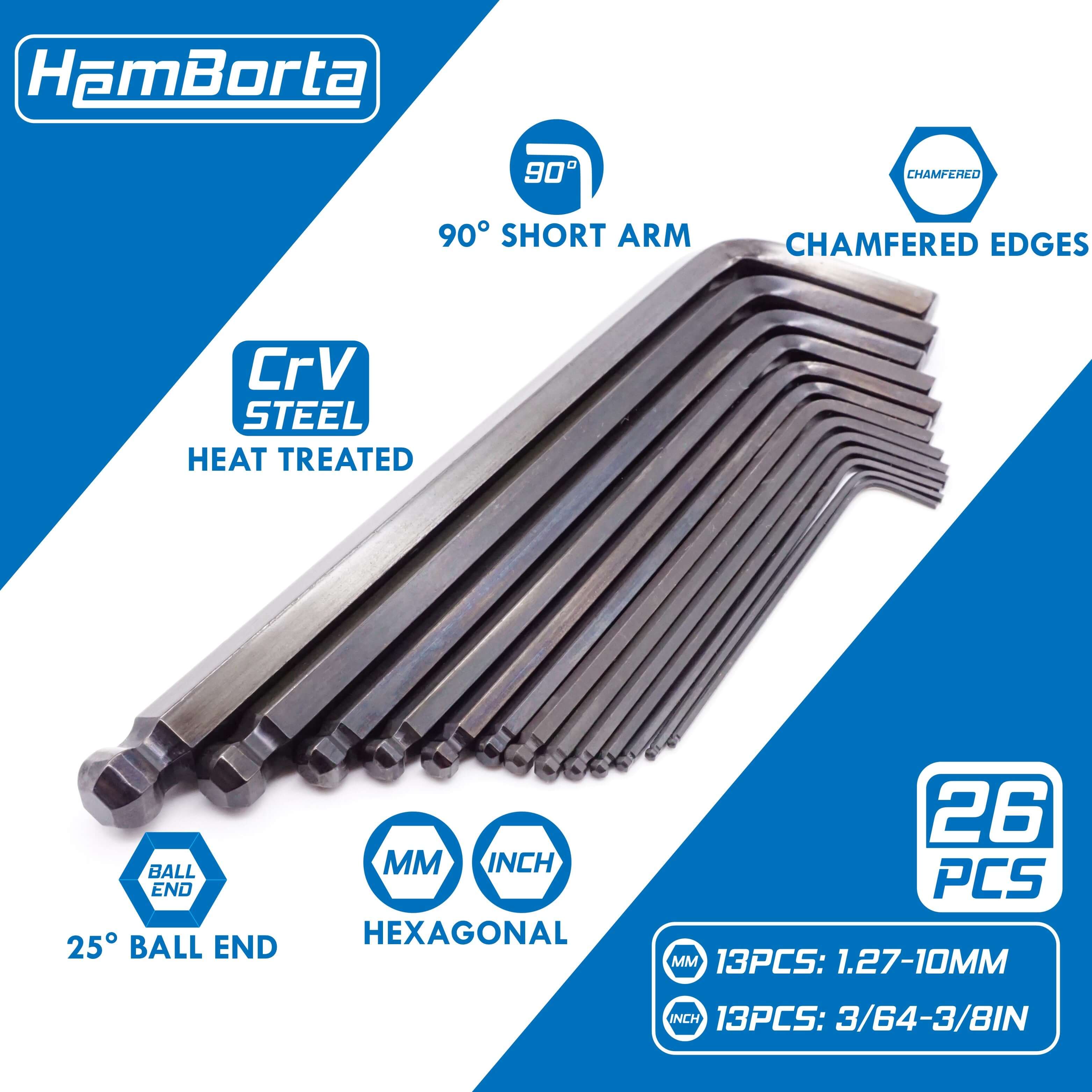HemBorta 26pc Allen Key Set featuring heat-treated CRV steel, 13 metric and 13 imperial L-keys with ball ends and chamfered edges.
