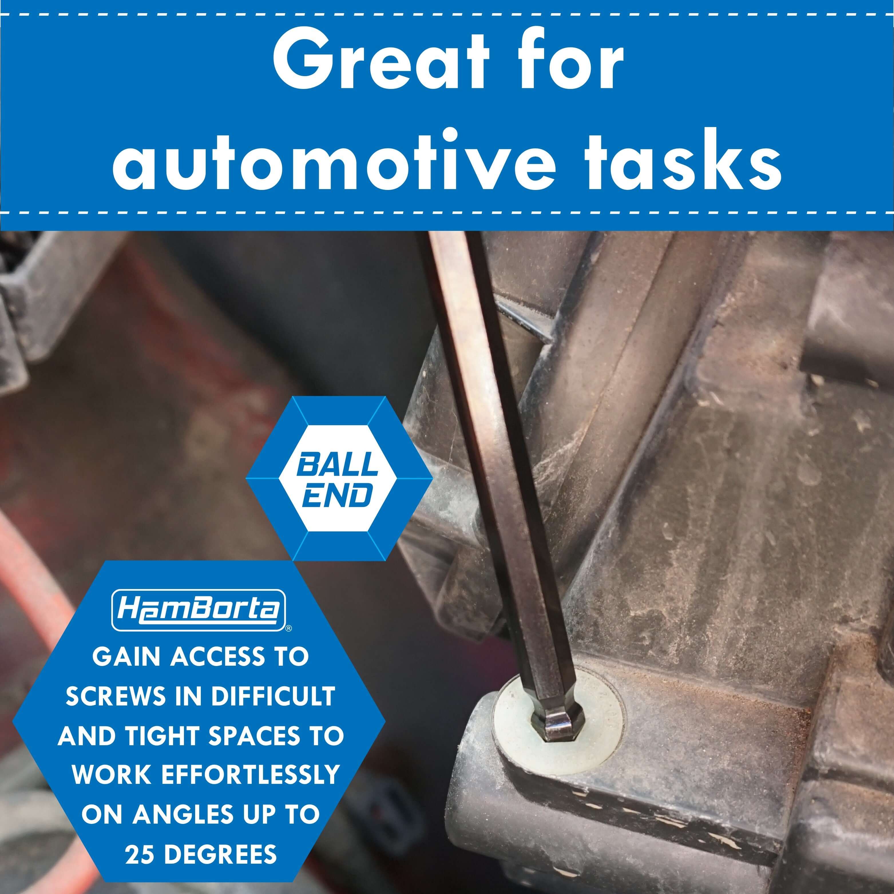 Ball end Allen key set ideal for automotive tasks, accessing tight spaces and screws at angles up to 25 degrees.