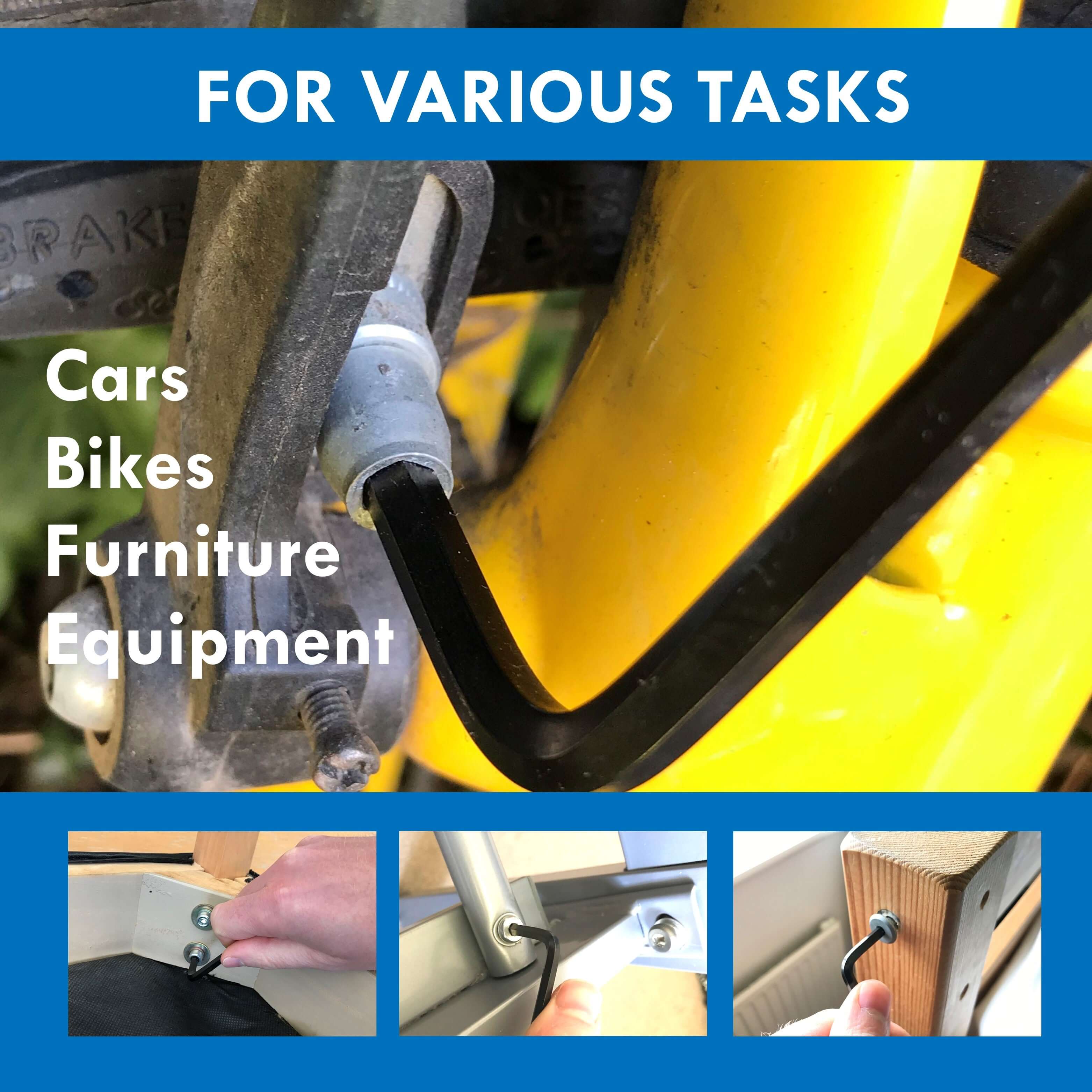 Allen key in use for cars, bikes, and furniture assembly tasks with images of tools in action.