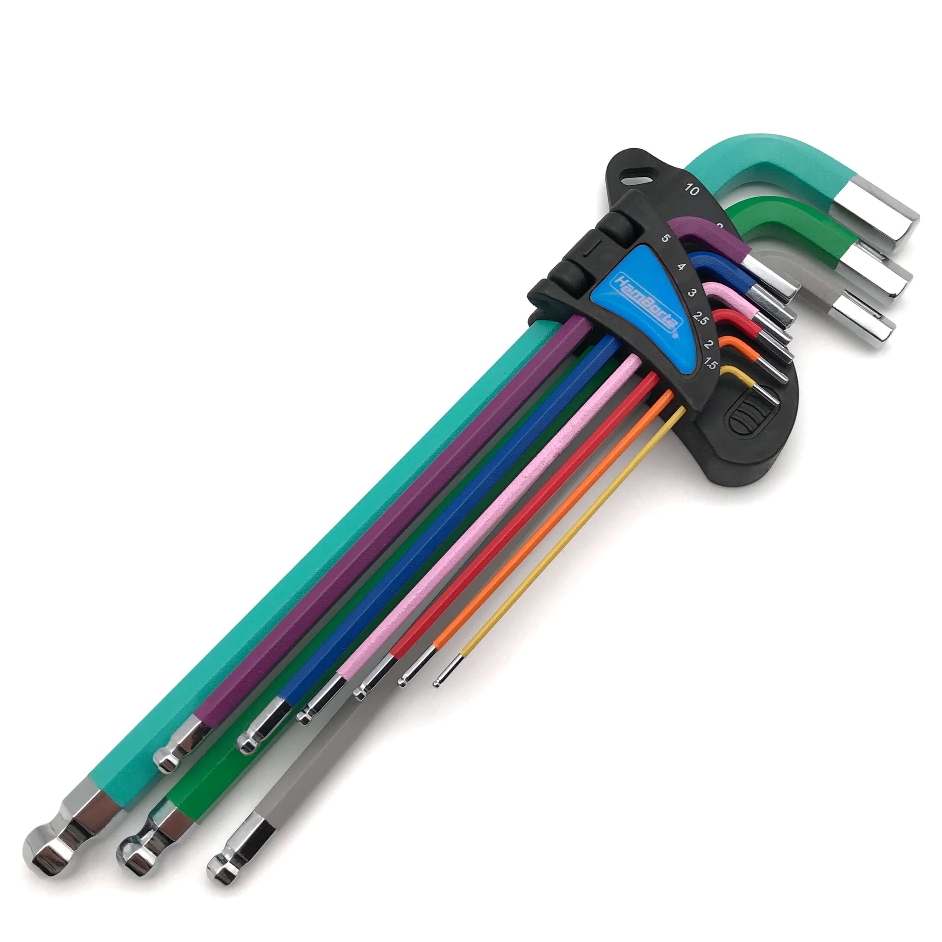 HemBorta 9pc Extra Long Allen Key Set in multicolour, featuring sizes 1.5mm to 10mm for enhanced reach and convenience.