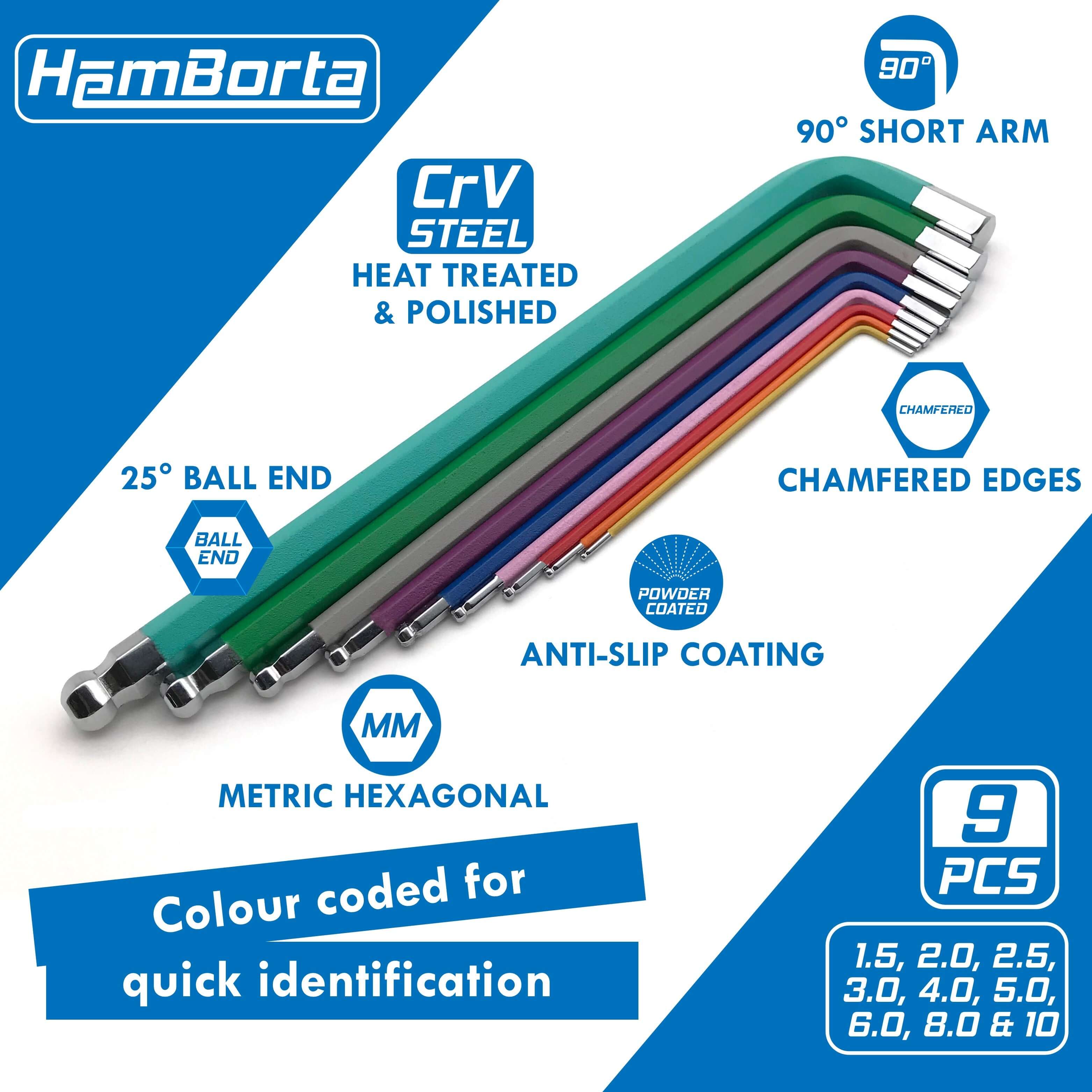 HemBorta 9pc Extra Long Allen Key Set in vibrant colors, featuring ball ends, heat-treated CRV steel, and anti-slip coating.