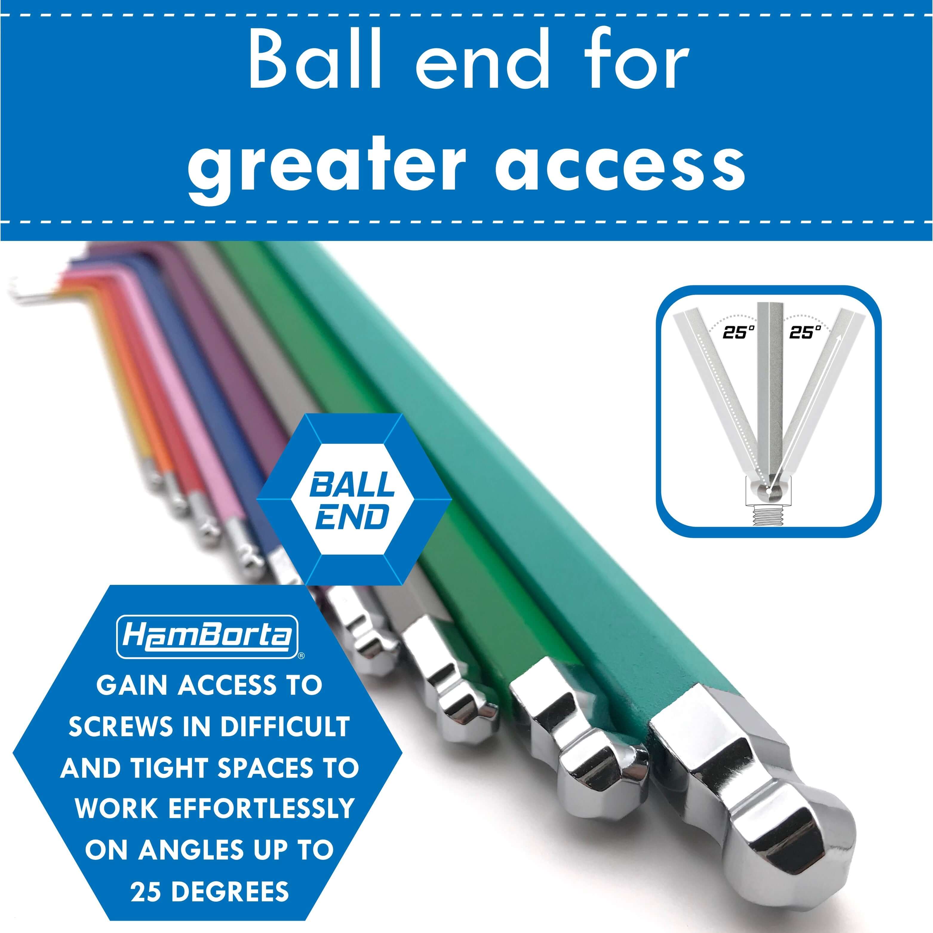 HemBorta ball end Allen keys for easier access to screws at angles up to 25 degrees in various colors.
