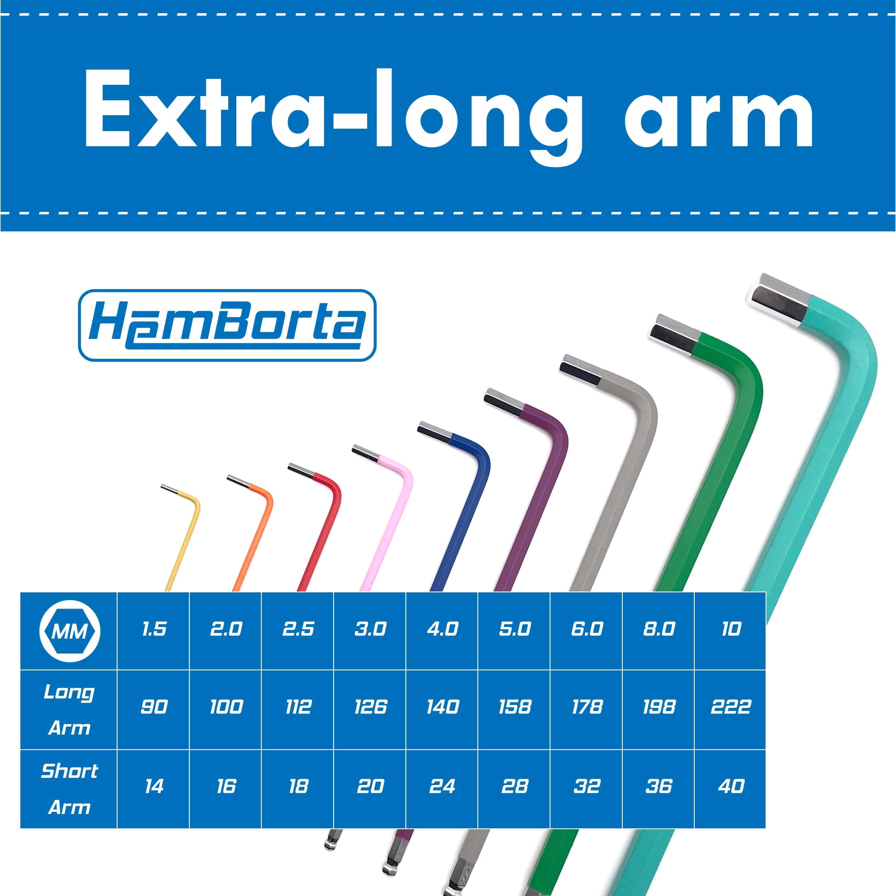 HemBorta extra long allen key set displaying sizes 1.5mm to 10mm with color-coded keys and measurement chart.