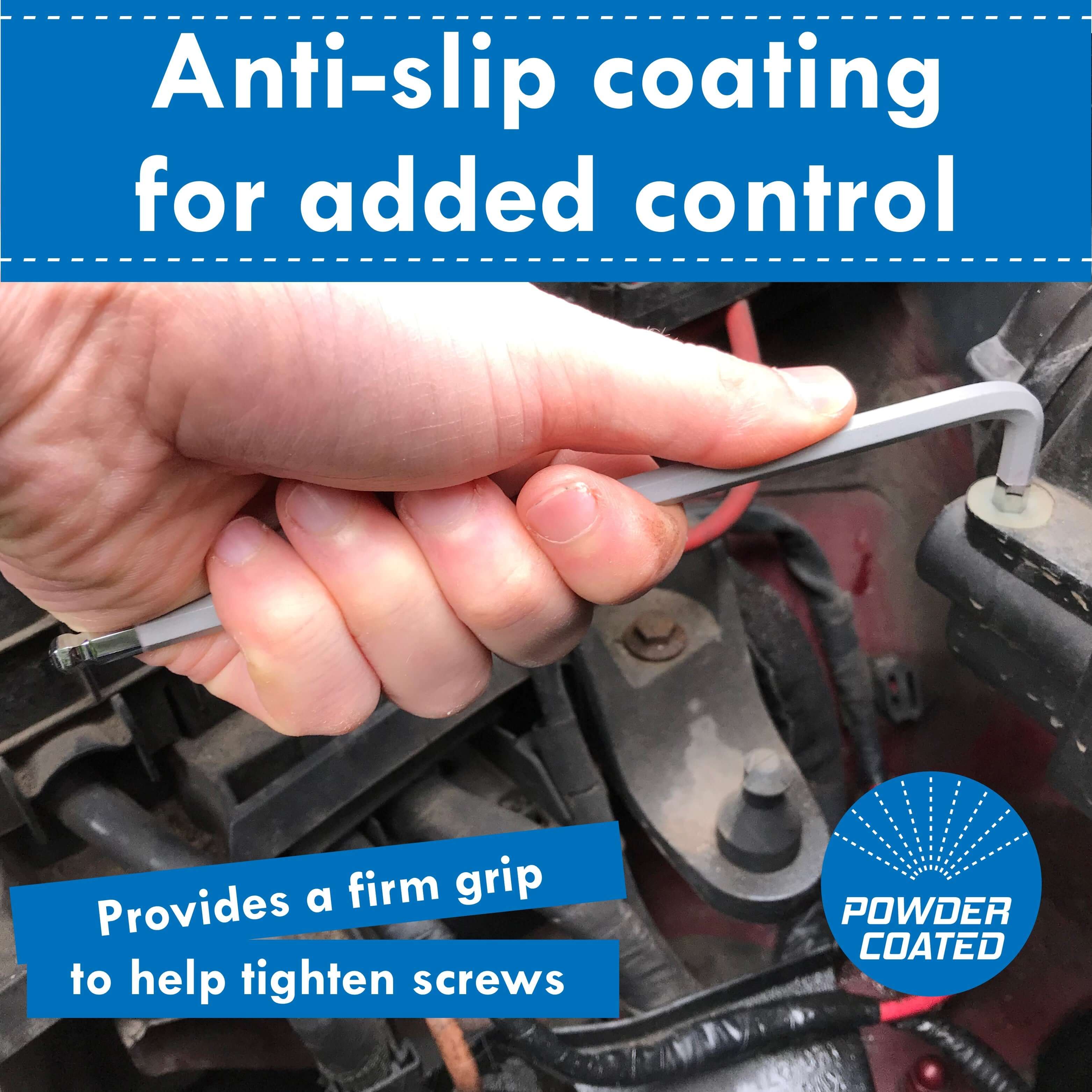 Person using an anti-slip coated Allen key for better control to tighten screws.