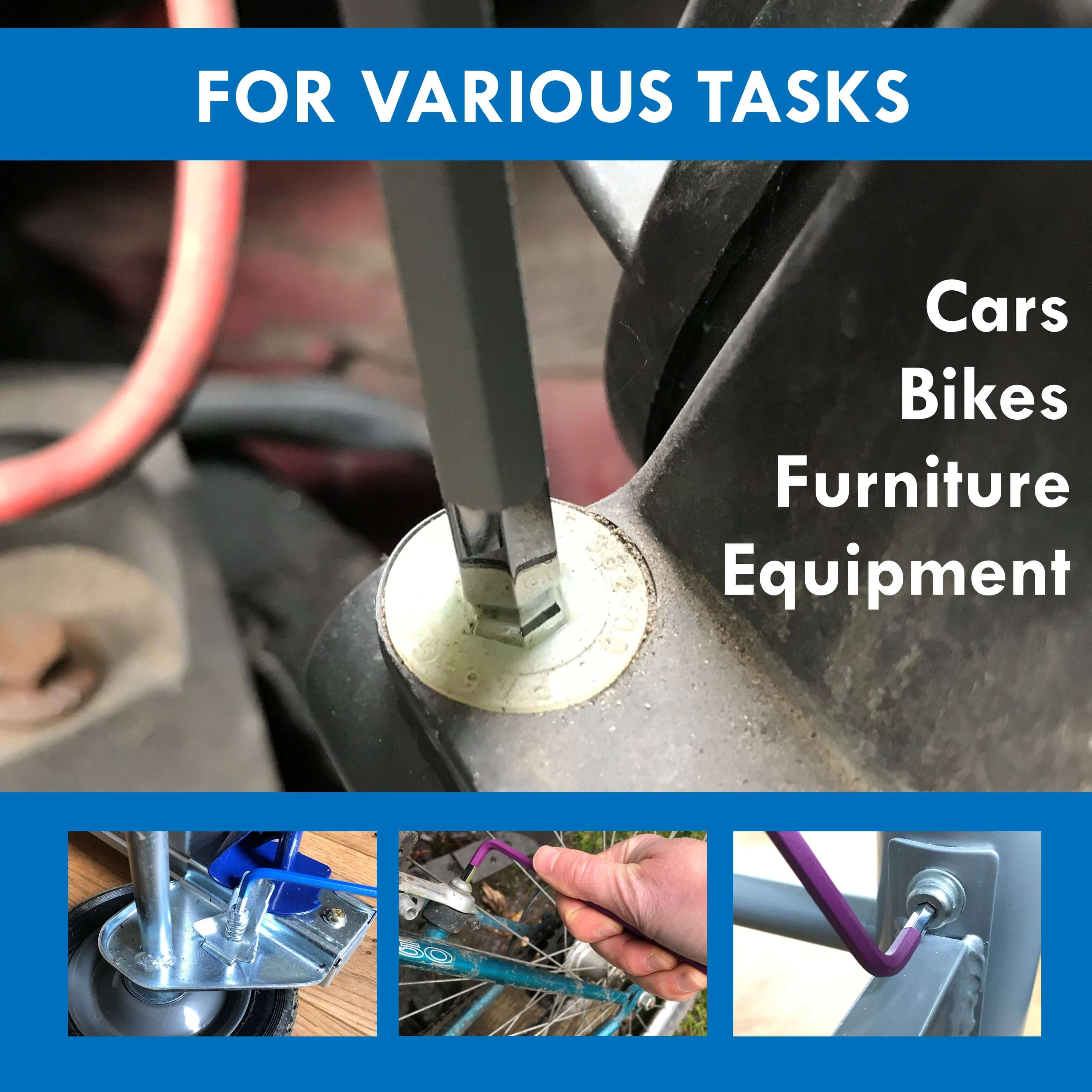 HemBorta Allen Key Set in use for cars, bikes, furniture, and equipment repair tasks.