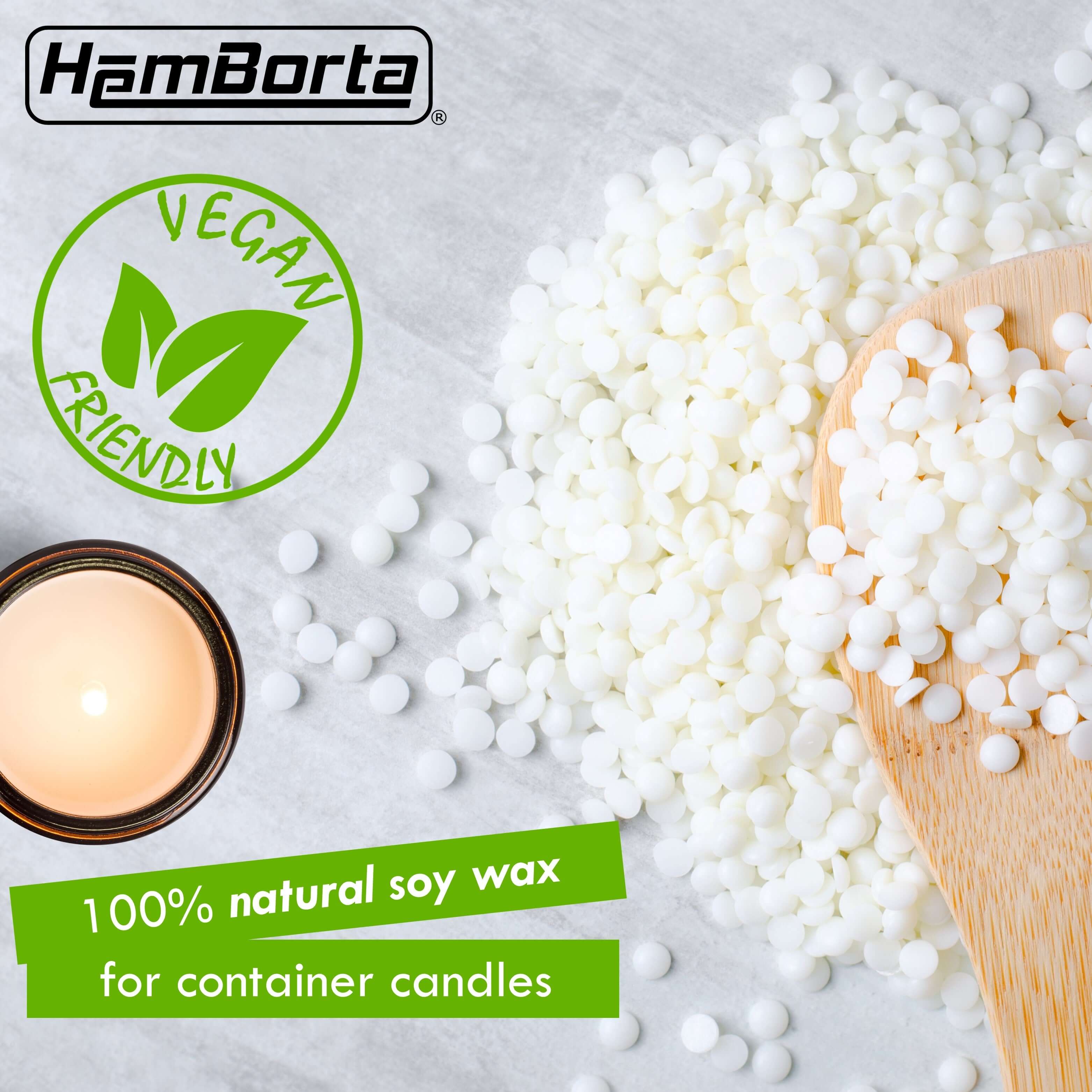 HemBorta 100% natural soy wax pellets for container candles, vegan friendly, biodegradable, ideal for candle making.