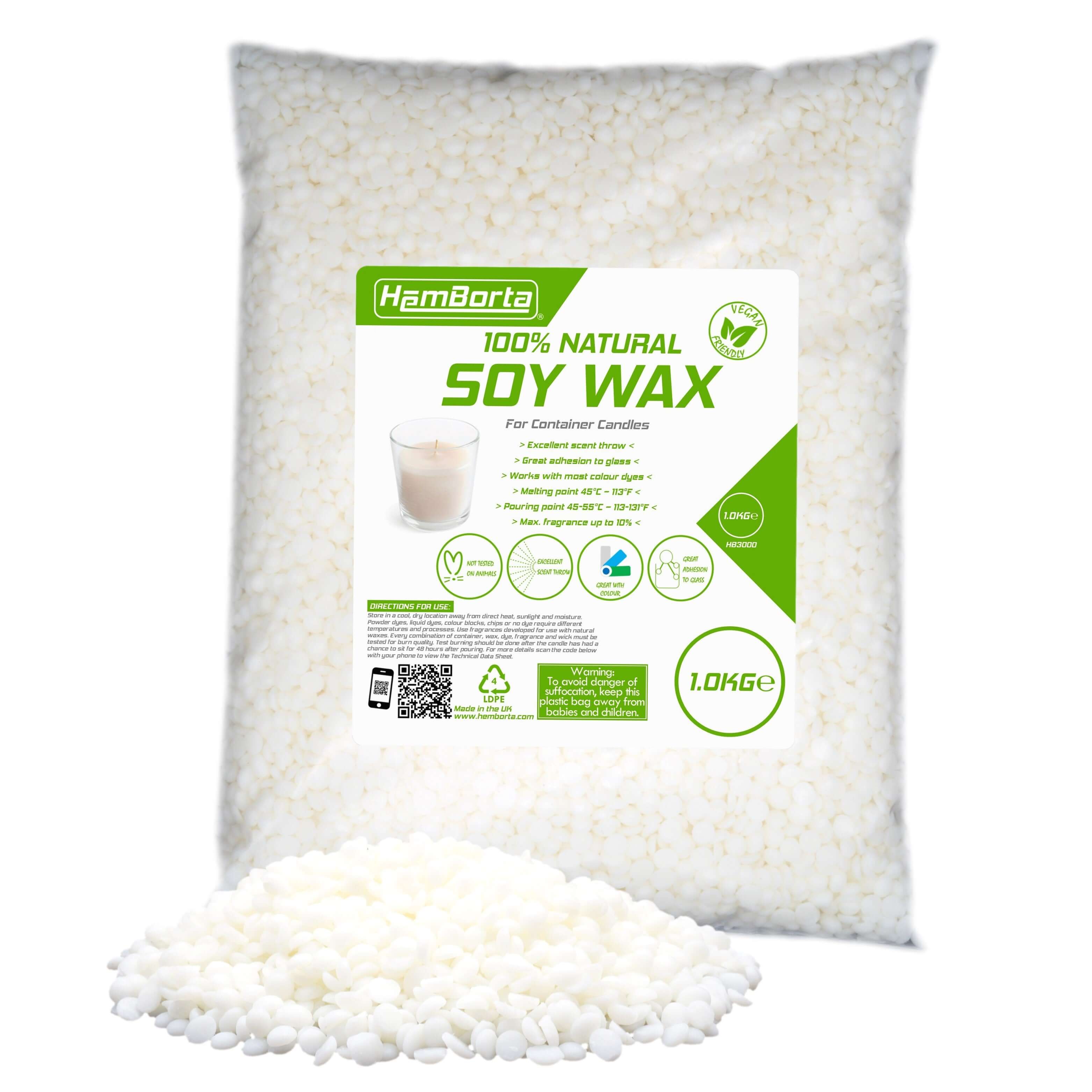 HemBorta 100% natural soy wax for container candles, ideal for candle making, biodegradable and vegan friendly.