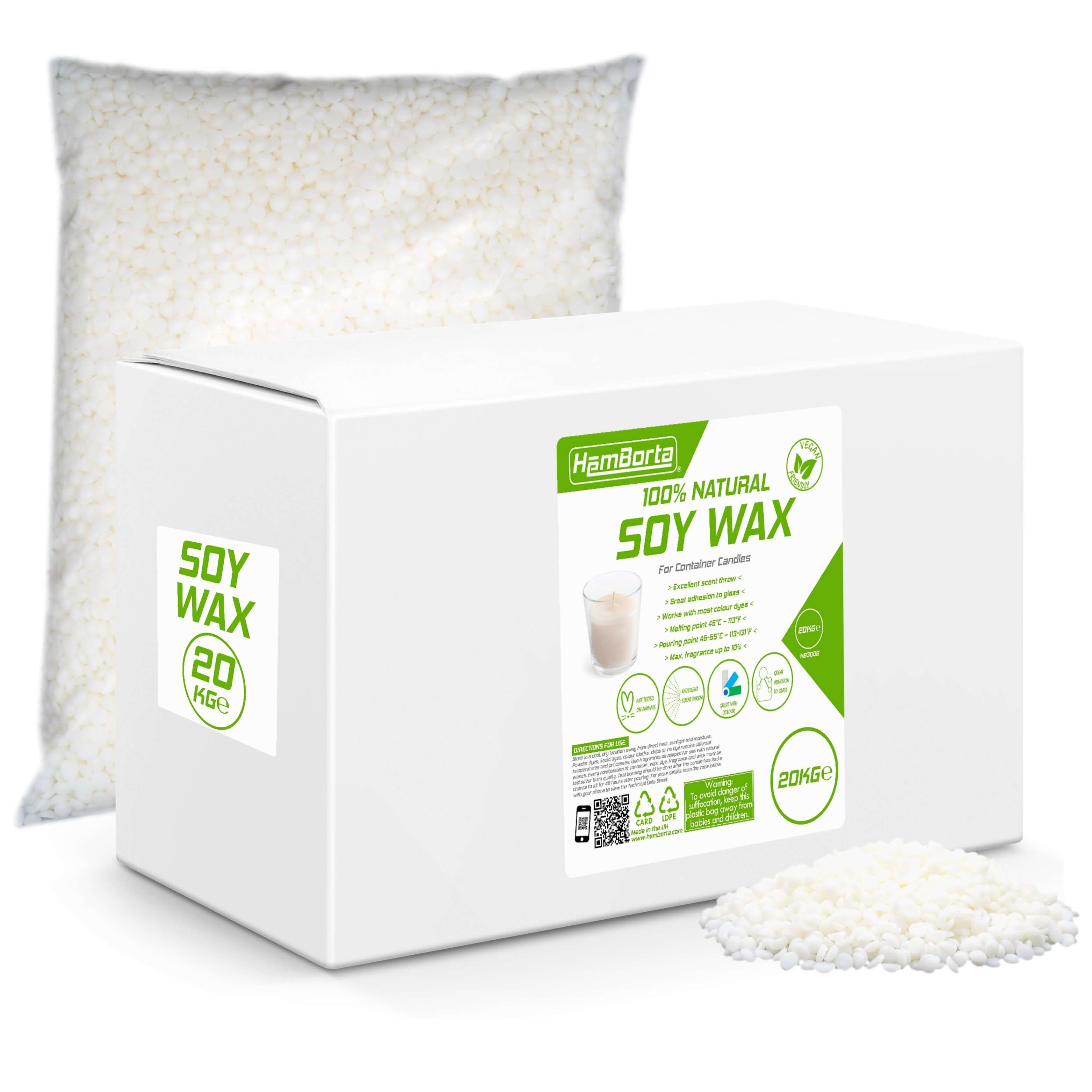 HemBorta 100% natural soy wax for candle making, packaged in a 20kg box alongside pellets, perfect for container candles.