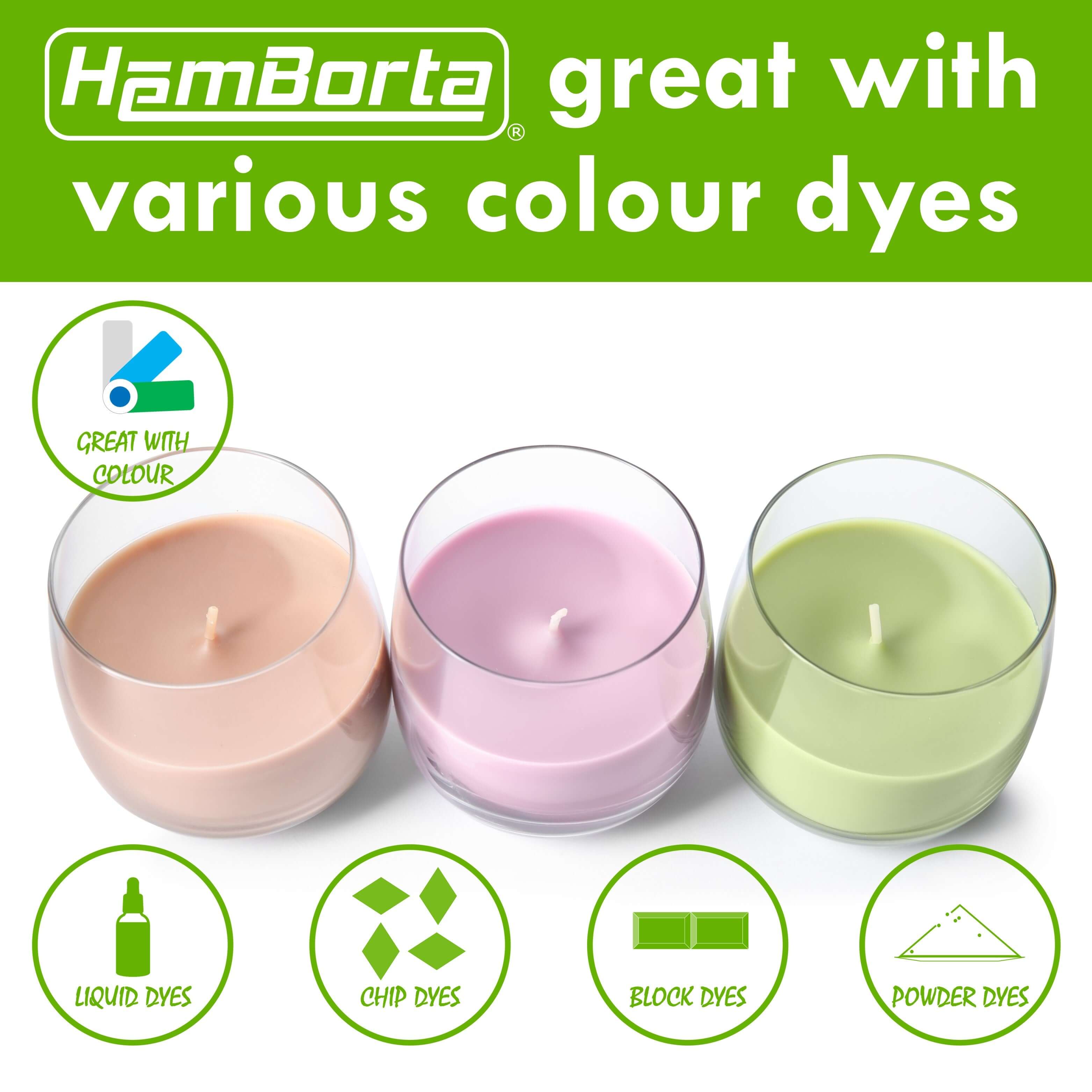 HemBorta soy wax candles in glass containers, suitable for various color dyes including liquid, chip, and block dyes.