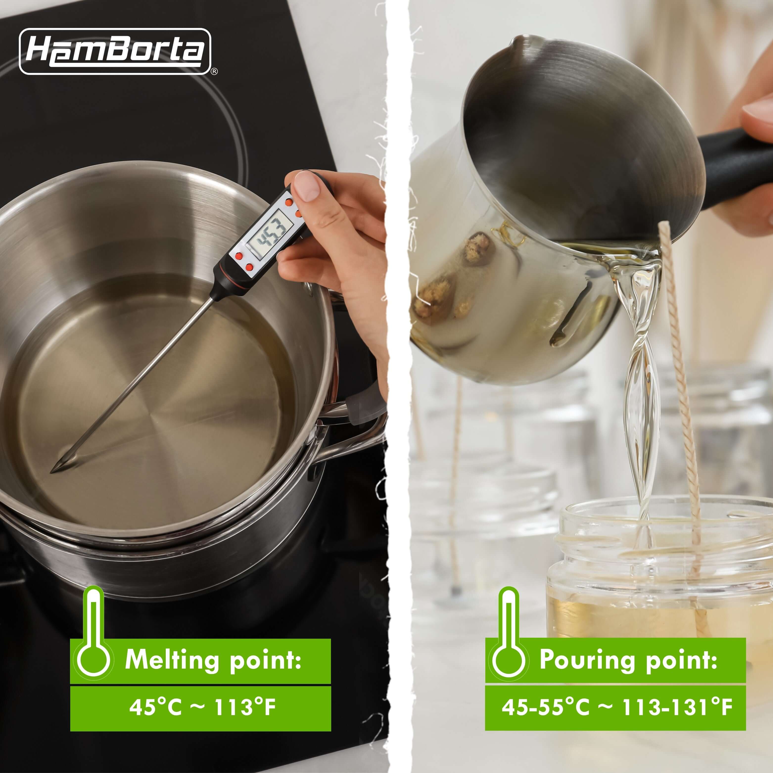 Melting and pouring points for HemBorta soy wax for candle making, showing temperature range for optimal results.